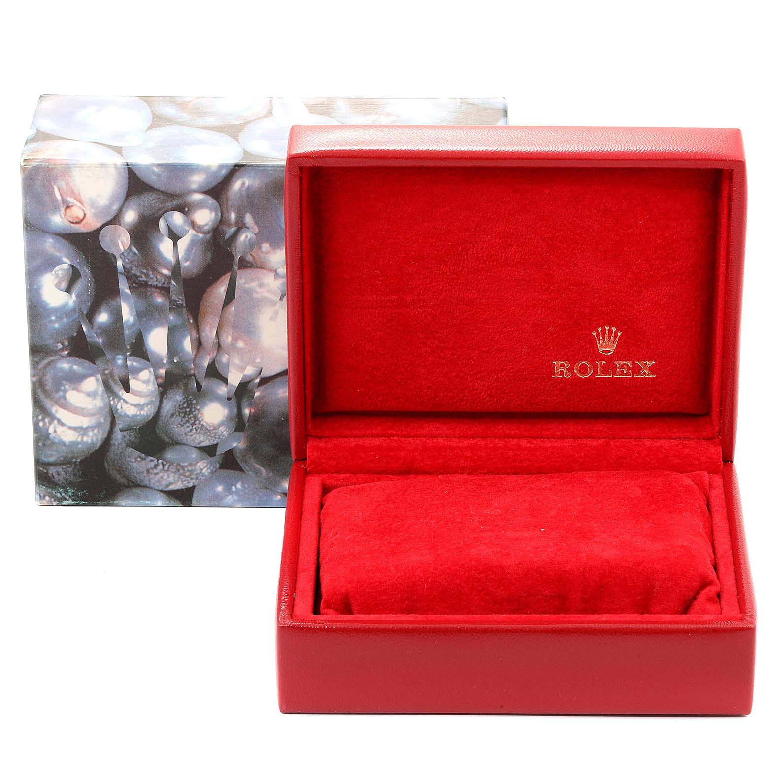 The image shows an open red Rolex Datejust 79173 Women
s Steel and Gold (two tone) Champagne Dial 79173 Women
s Steel and Gold (two tone) Champagne Dial watch box and its outer packaging with a pearl-themed design.