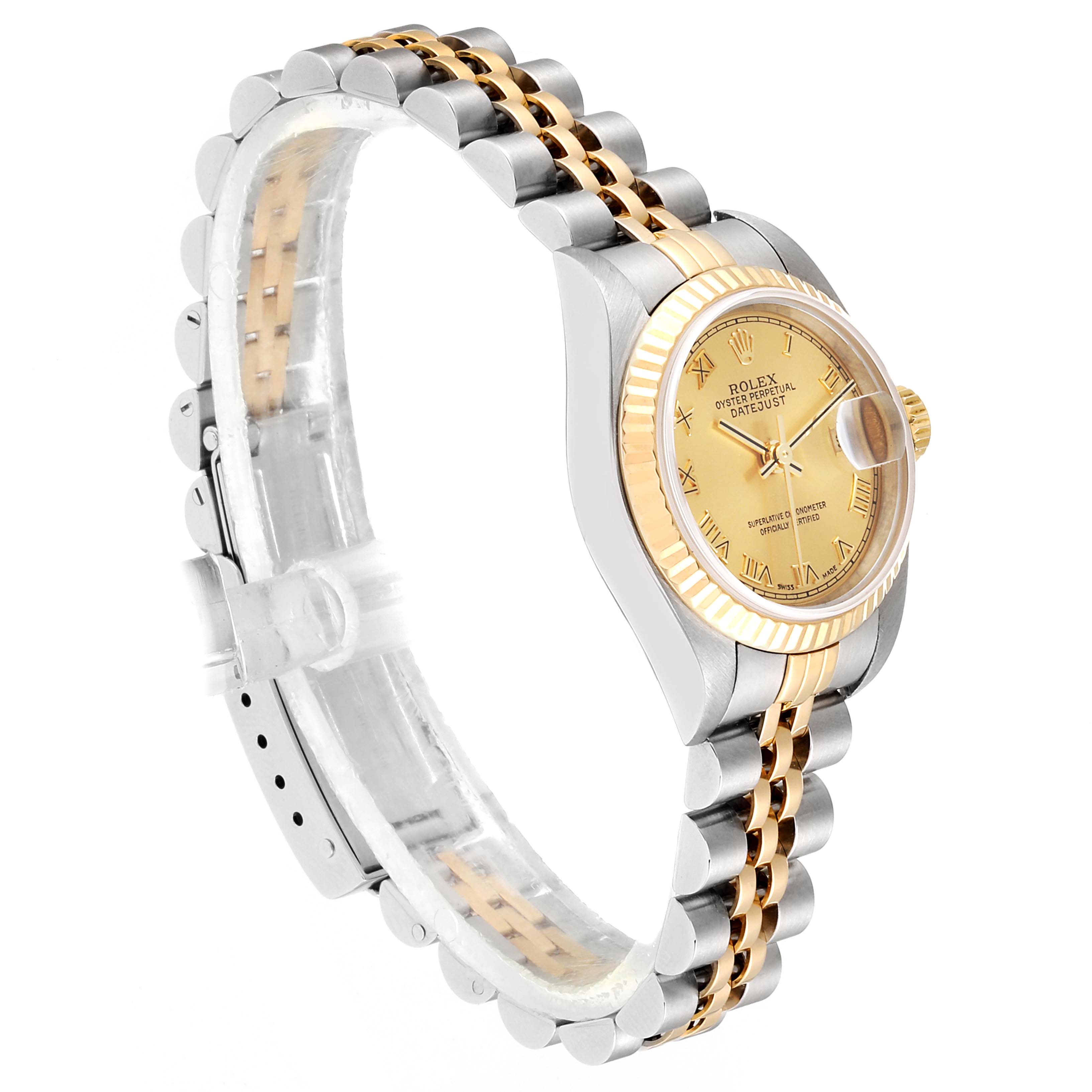 The image shows a side angle of a Rolex Datejust 79173 Women
s Steel and Gold (two tone) Champagne Dial 79173 Women
s Steel and Gold (two tone) Champagne Dial watch highlighting its two-tone bracelet and gold dial.