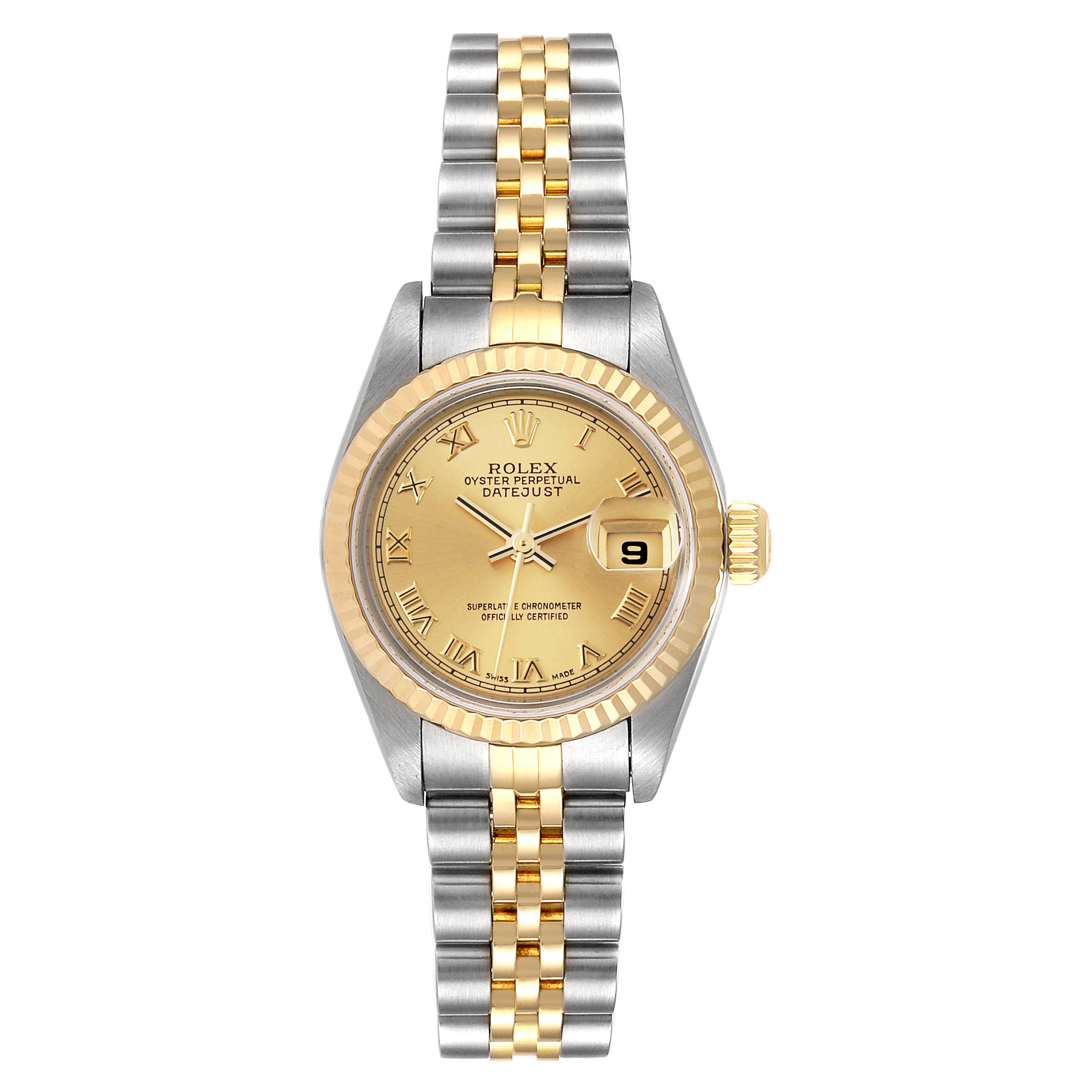 This image shows a full frontal view of the Rolex Datejust 79173 Women
s Steel and Gold (two tone) Champagne Dial 79173 Women
s Steel and Gold (two tone) Champagne Dial watch, including its face, bezel, and bracelet.