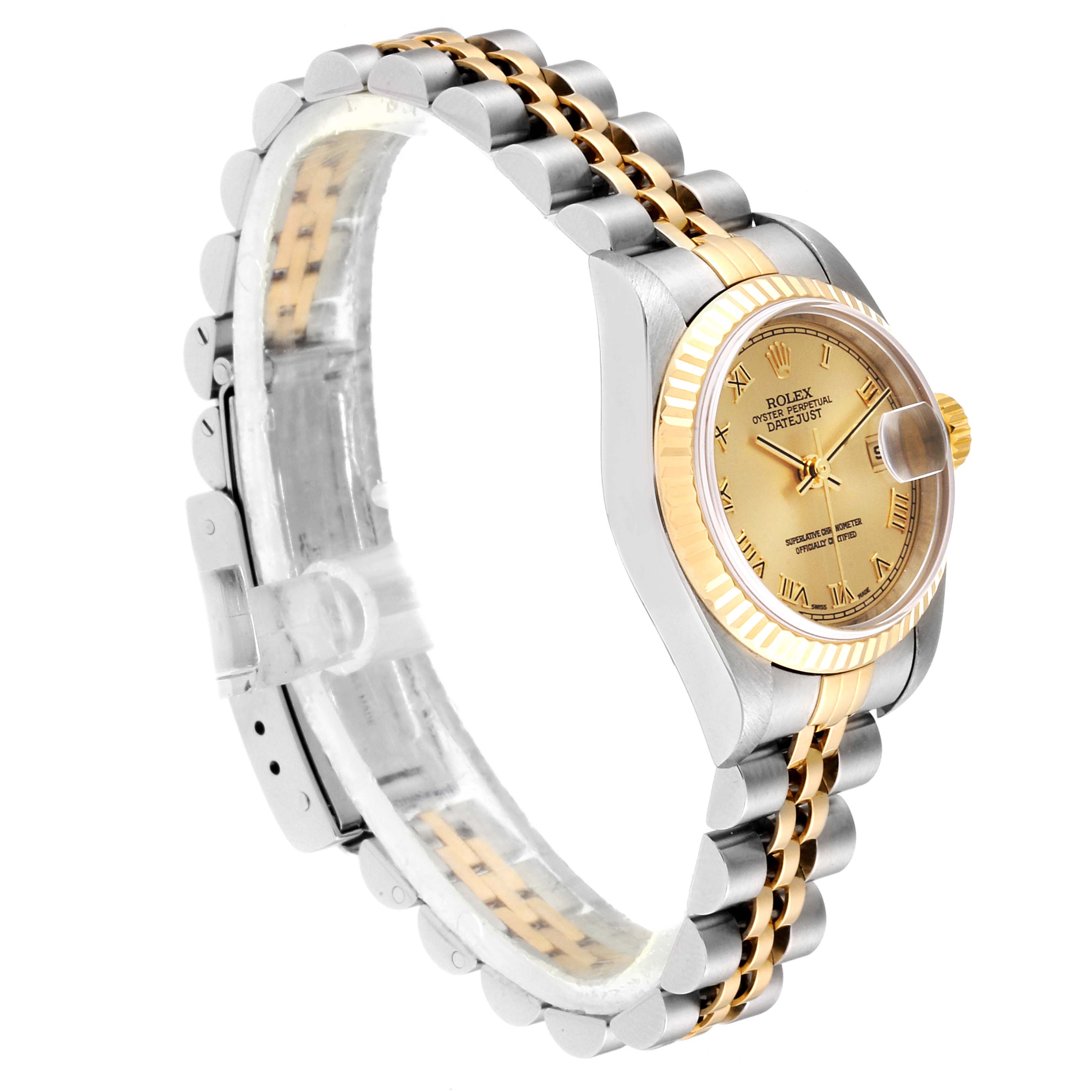 This Rolex Datejust 79173 Women
s Steel and Gold (two tone) Champagne Dial 79173 Women
s Steel and Gold (two tone) Champagne Dial watch is shown from an angled side view, highlighting its two-tone bracelet, bezel, and dial.