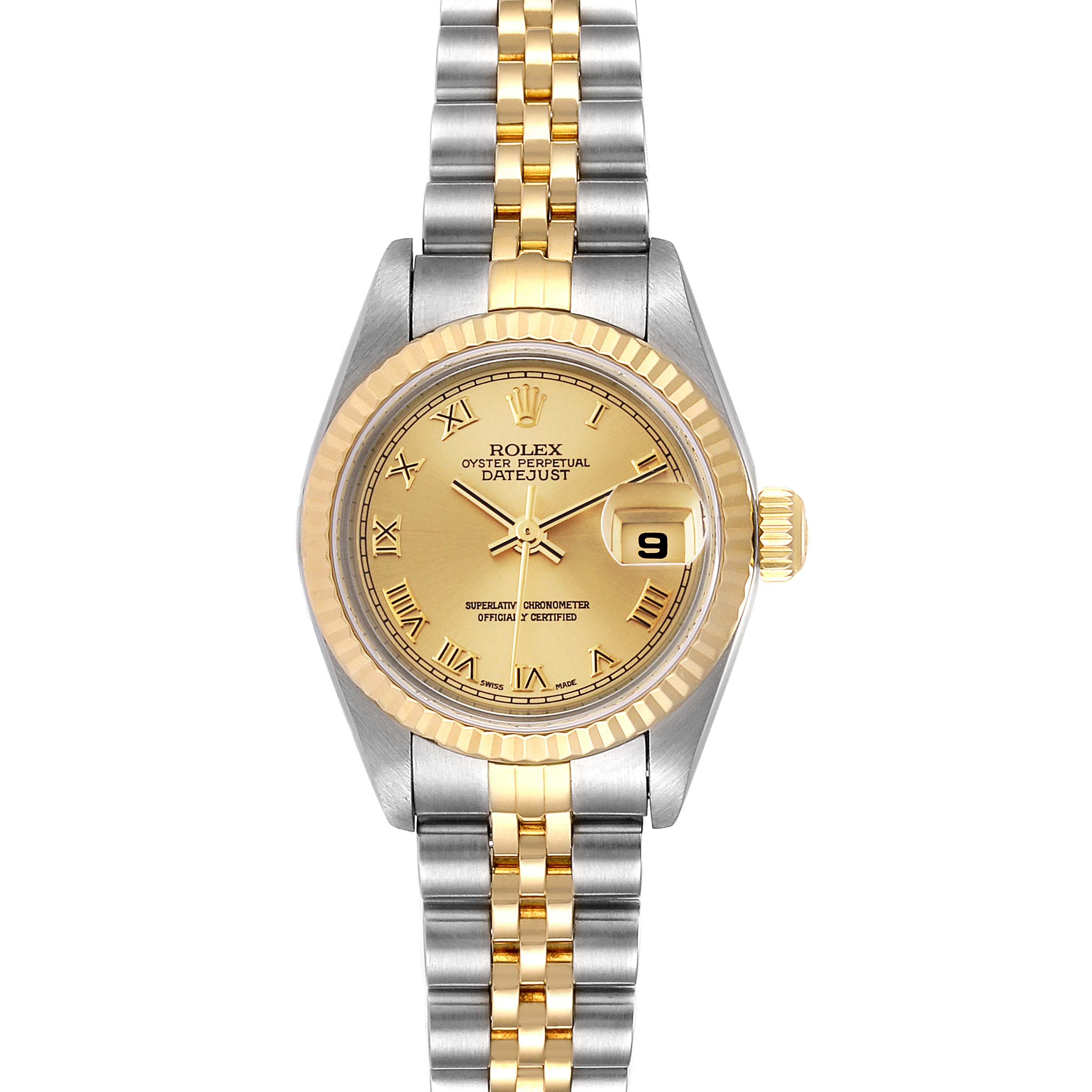 This is a front view of a Rolex Datejust 79173 Women
s Steel and Gold (two tone) Champagne Dial 79173 Women
s Steel and Gold (two tone) Champagne Dial watch, showing the dial, bezel, and jubilee bracelet.