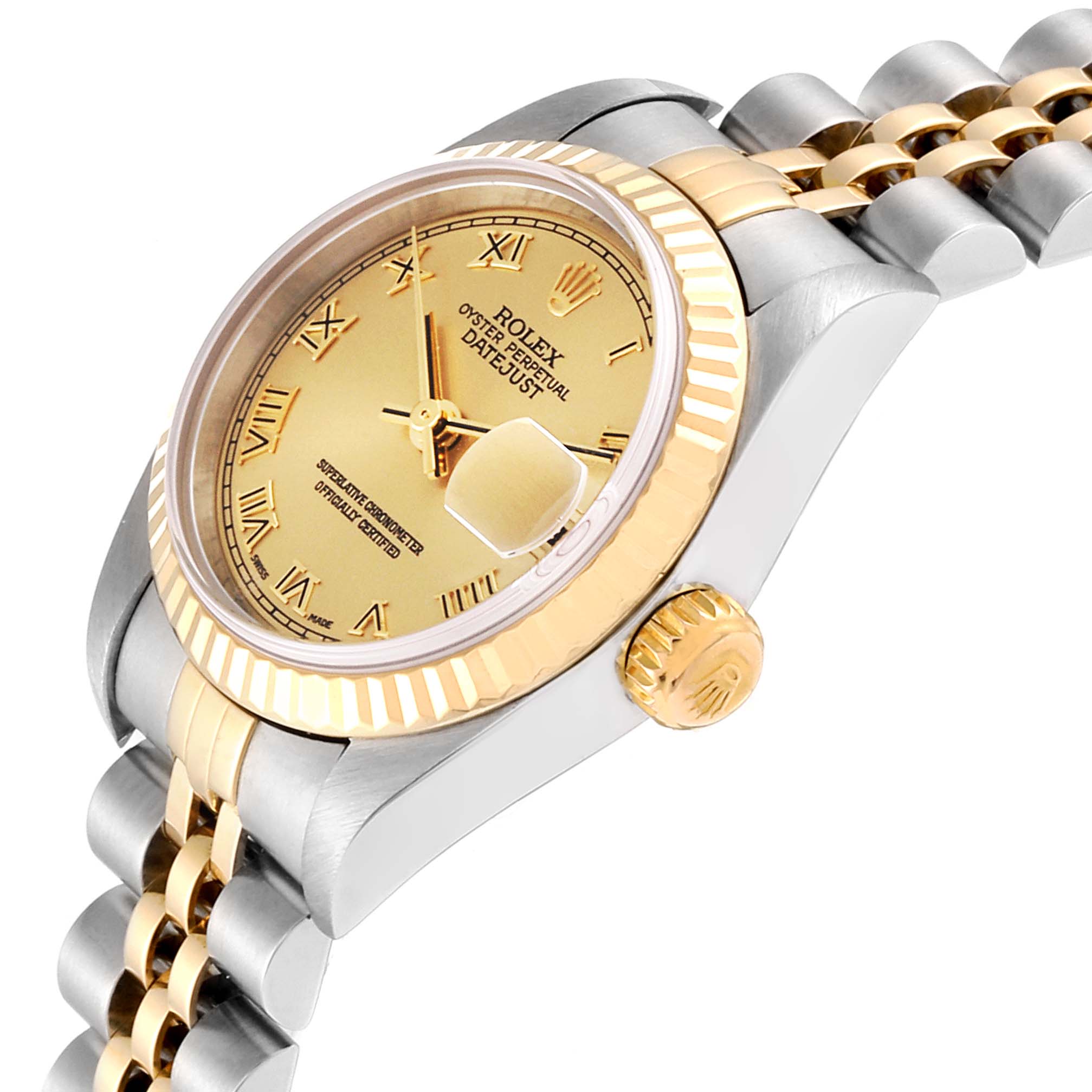 The Rolex Datejust 79173 Women
s Steel and Gold (two tone) Champagne Dial 79173 Women
s Steel and Gold (two tone) Champagne Dial watch is shown at an angle highlighting the dial, bezel, crown, and part of the bracelet.