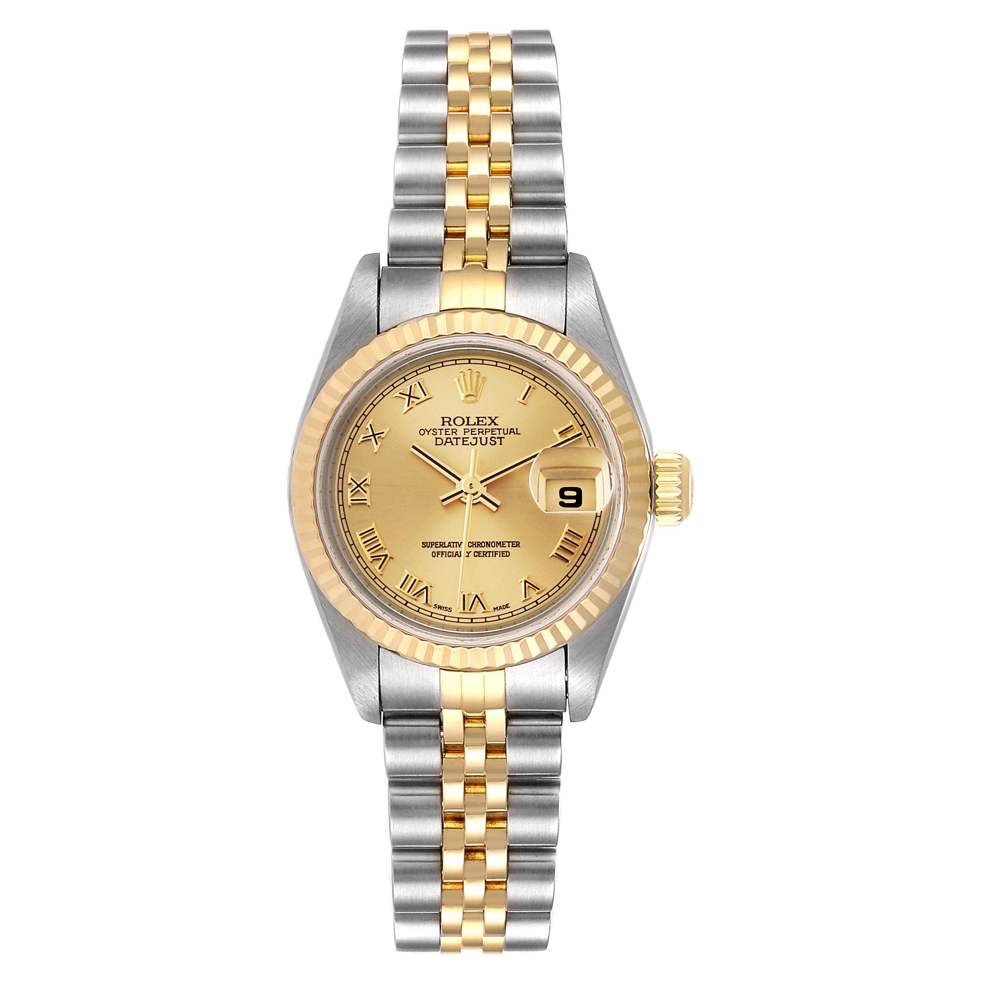 This image shows a top-down view of a Rolex Datejust 79173 Women
s Steel and Gold (two tone) Champagne Dial 79173 Women
s Steel and Gold (two tone) Champagne Dial watch, highlighting its gold and stainless steel bracelet, bezel, and dial.