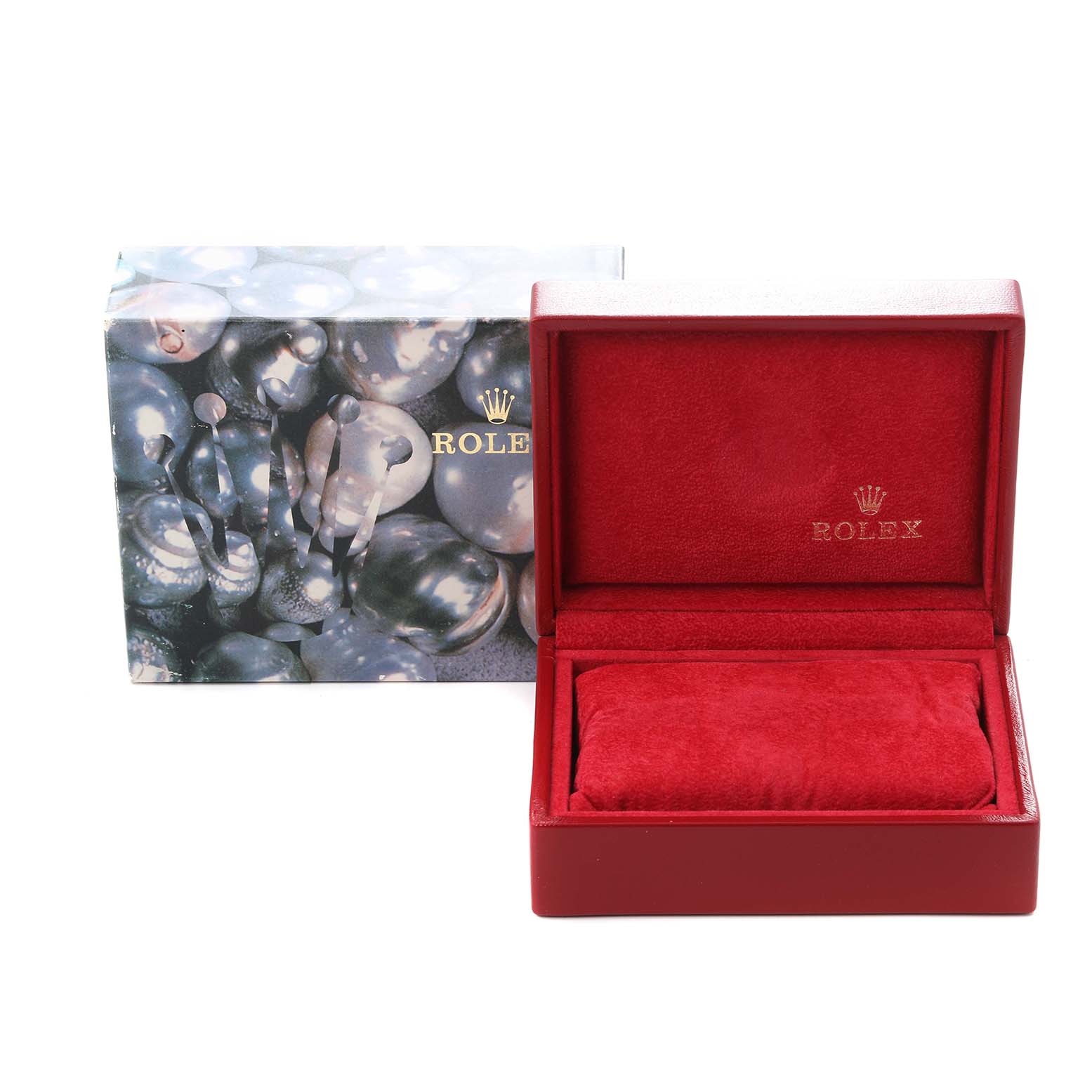 This image shows a red Rolex Datejust 79174 Women
s Stainless Steel Pink Dial 79174 Women
s Stainless Steel Pink Dial watch box and packaging, featuring a plush interior and branded exterior.