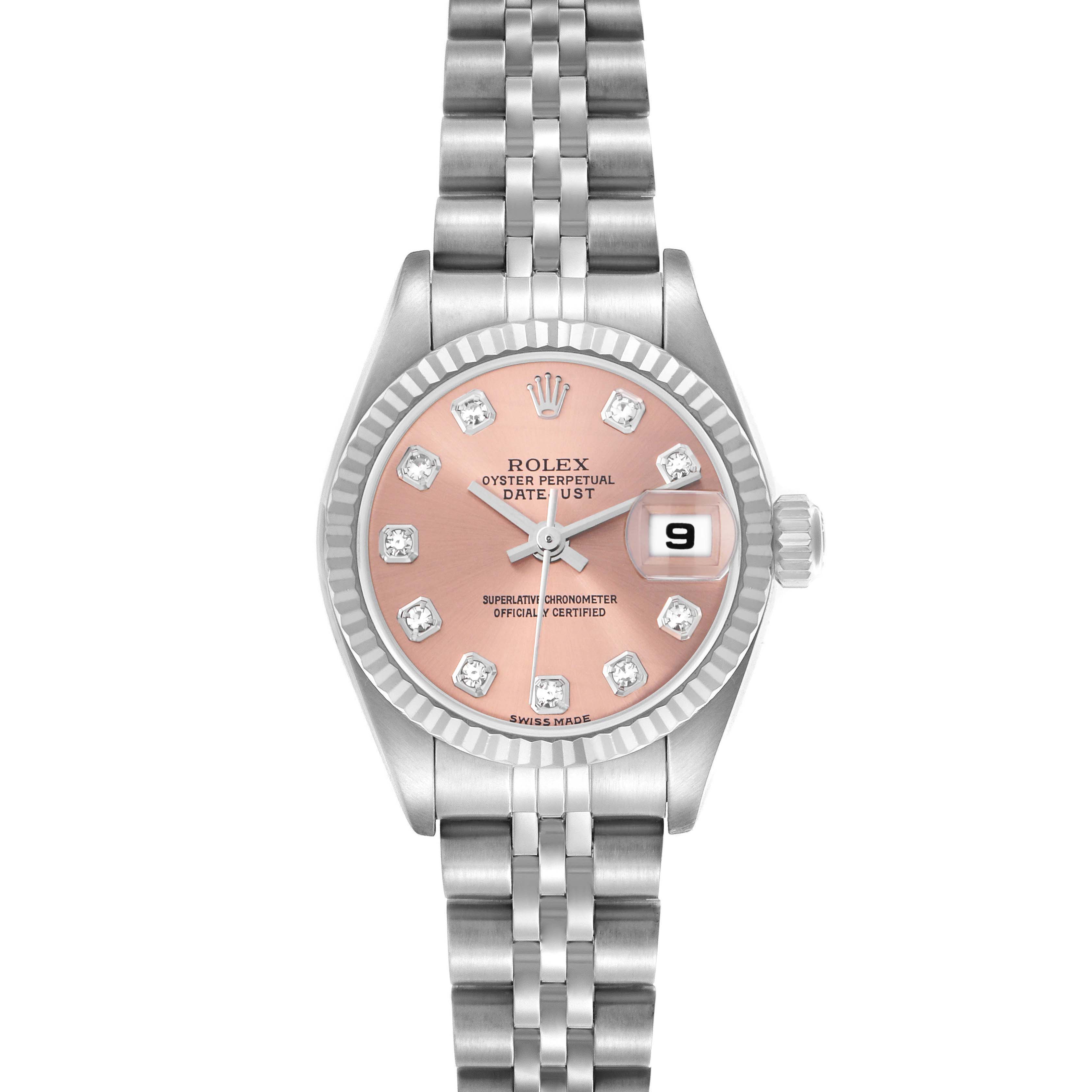The Rolex Datejust 79174 Women
s Stainless Steel Pink Dial 79174 Women
s Stainless Steel Pink Dial watch is shown from a top view, displaying the face, bezel, dial, and Jubilee bracelet.
