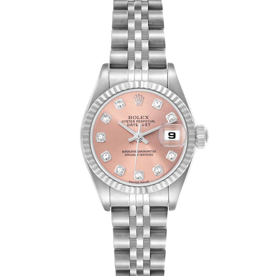 The Rolex Datejust watch is shown from a top view, displaying the face, bezel, dial, and Jubilee bracelet.