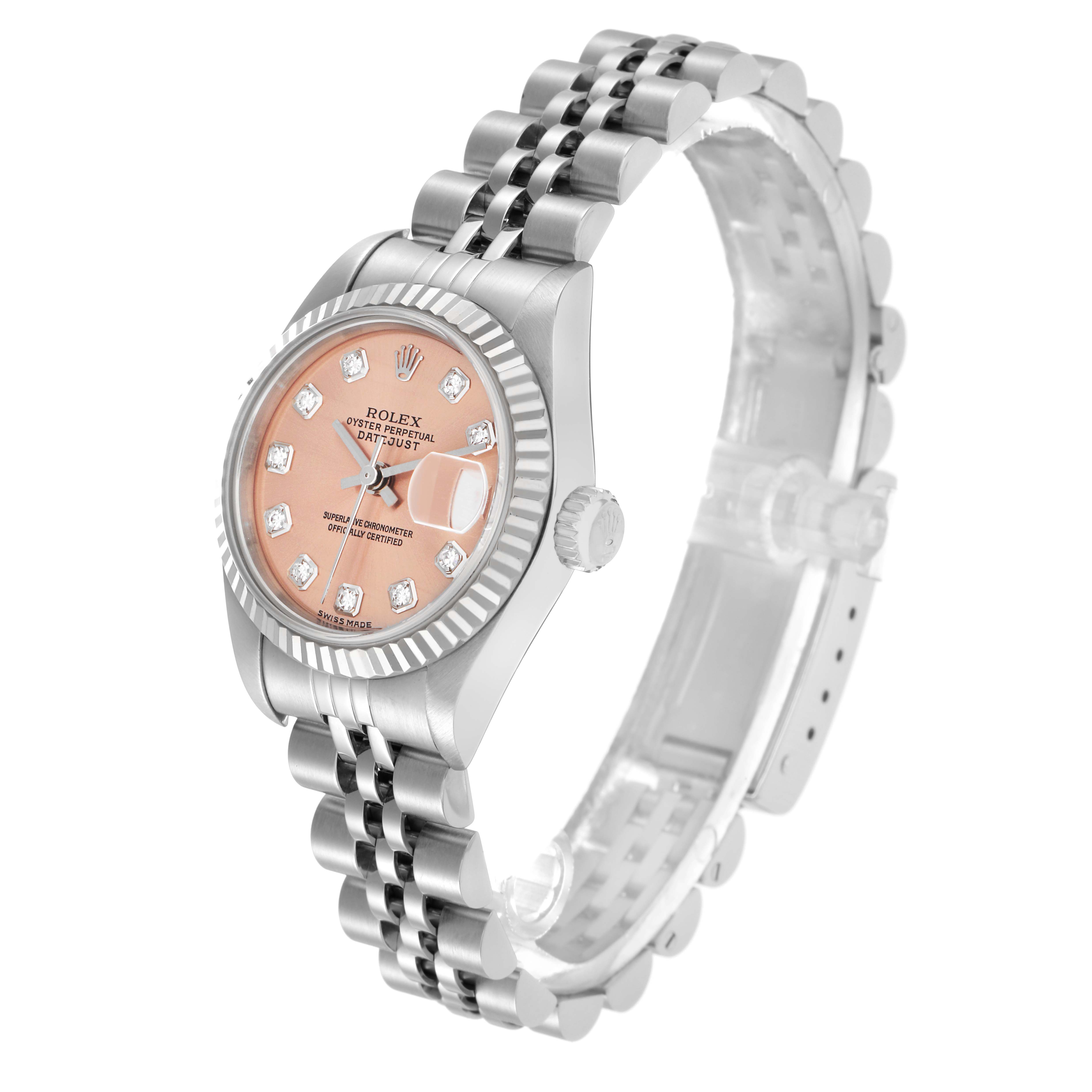 The Rolex Datejust 79174 Women
s Stainless Steel Pink Dial 79174 Women
s Stainless Steel Pink Dial watch is shown at a three-quarter angle, displaying the face, bezel, and bracelet.