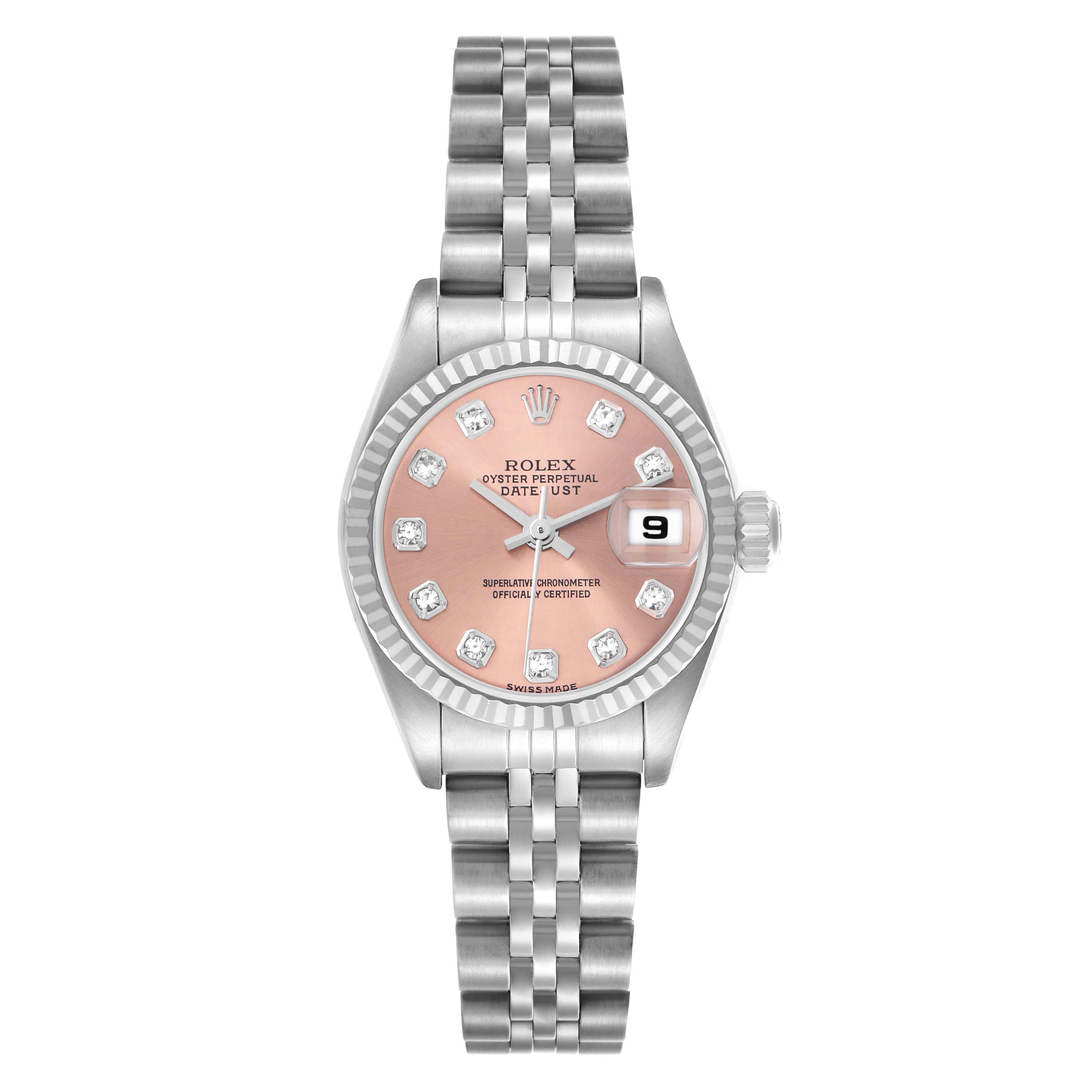 The Rolex Datejust 79174 Women
s Stainless Steel Pink Dial 79174 Women
s Stainless Steel Pink Dial watch is shown from the front, highlighting its dial, bezel, bracelet, and date window.
