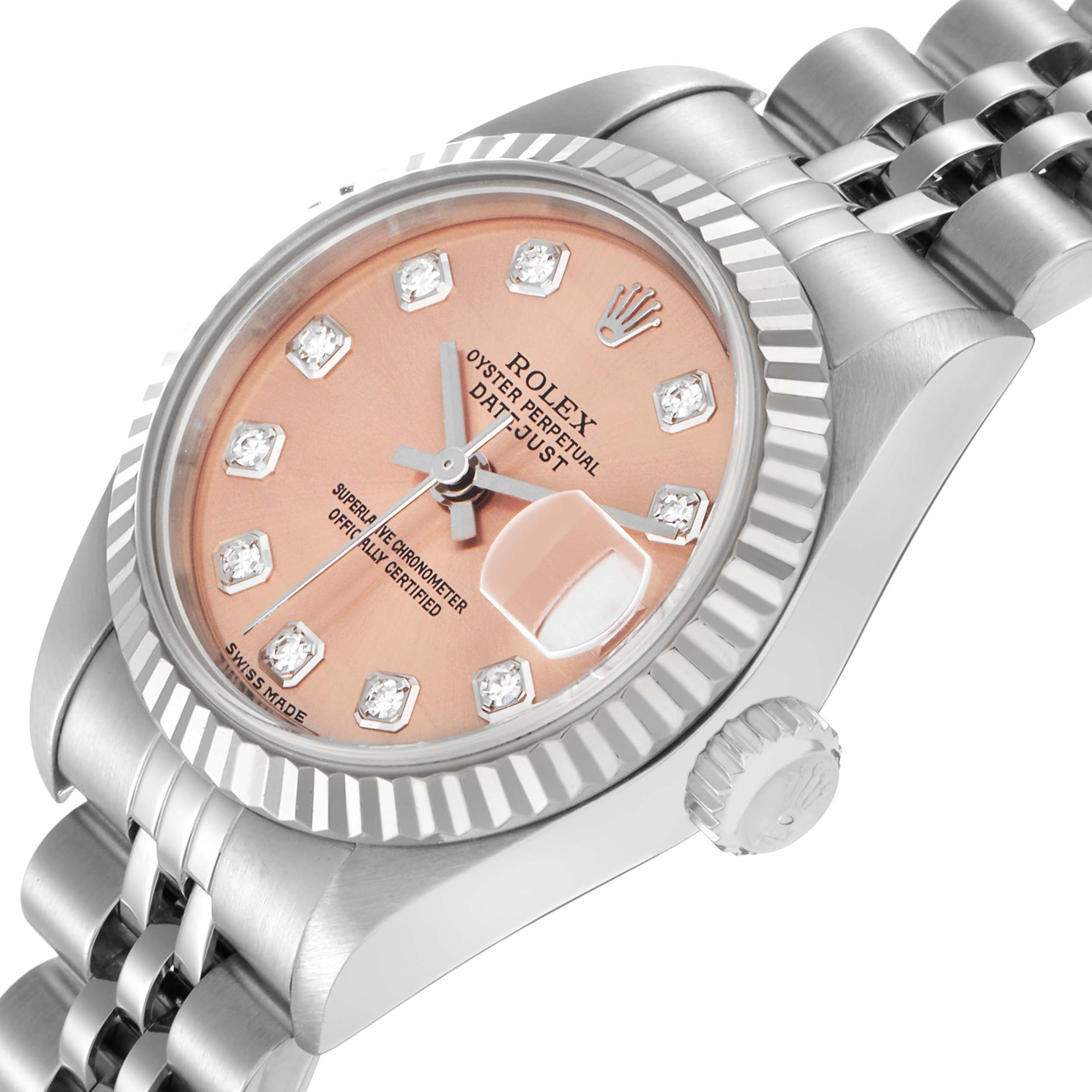 The Rolex Datejust 79174 Women
s Stainless Steel Pink Dial 79174 Women
s Stainless Steel Pink Dial watch is shown in a side angle highlighting the face, bezel, crown, and part of the bracelet.