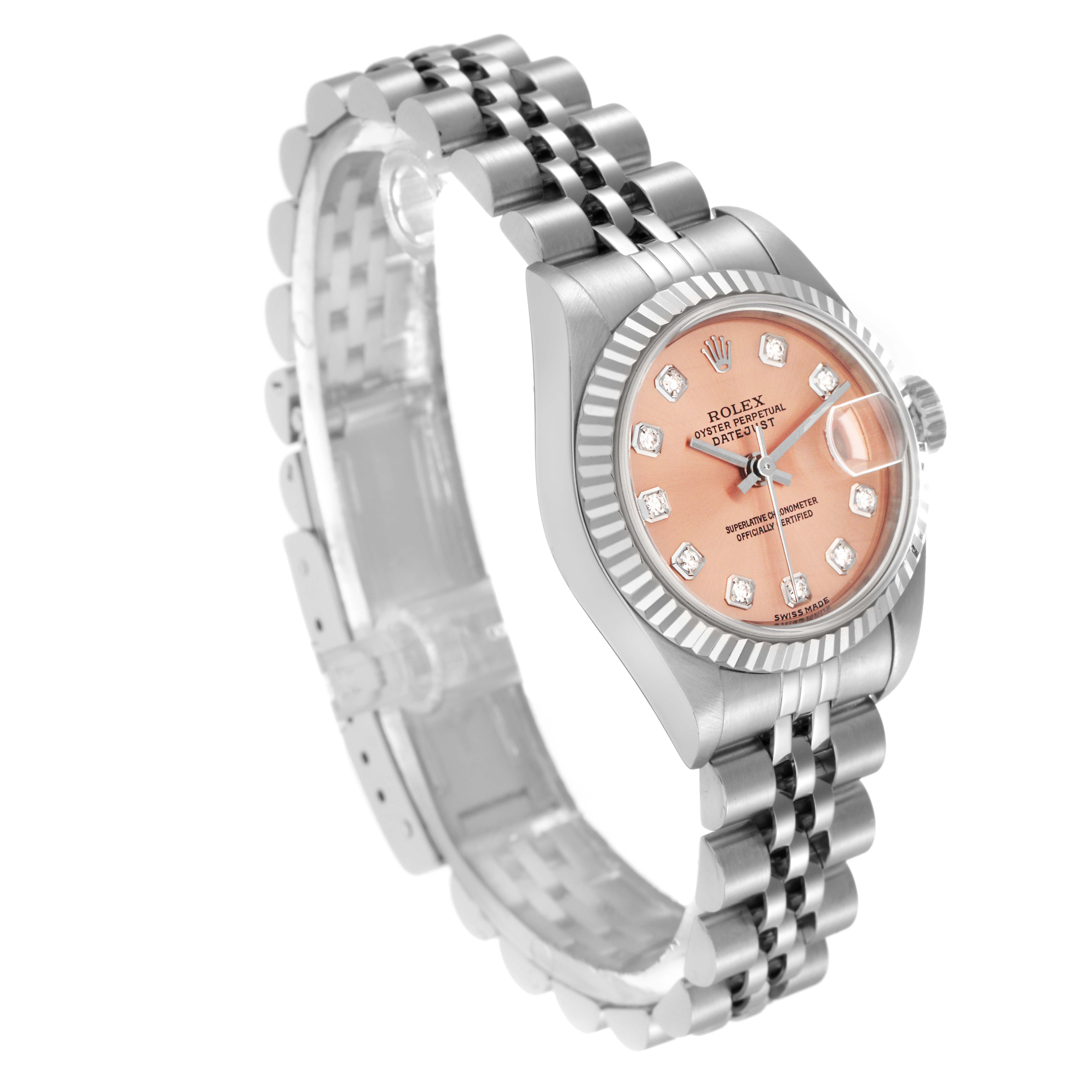 The Rolex Datejust 79174 Women
s Stainless Steel Pink Dial 79174 Women
s Stainless Steel Pink Dial watch is shown at an angle highlighting the dial, fluted bezel, and Jubilee bracelet.