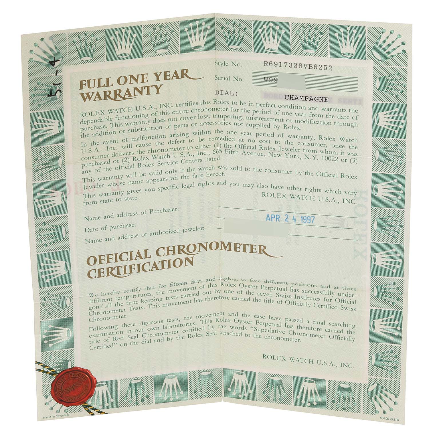 This image shows an official warranty certificate for a Rolex Datejust 69173 Women's Steel and Gold (two tone) Champagne Dial 69173 Women's Steel and Gold (two tone) Champagne Dial, including official chronometer certification details.