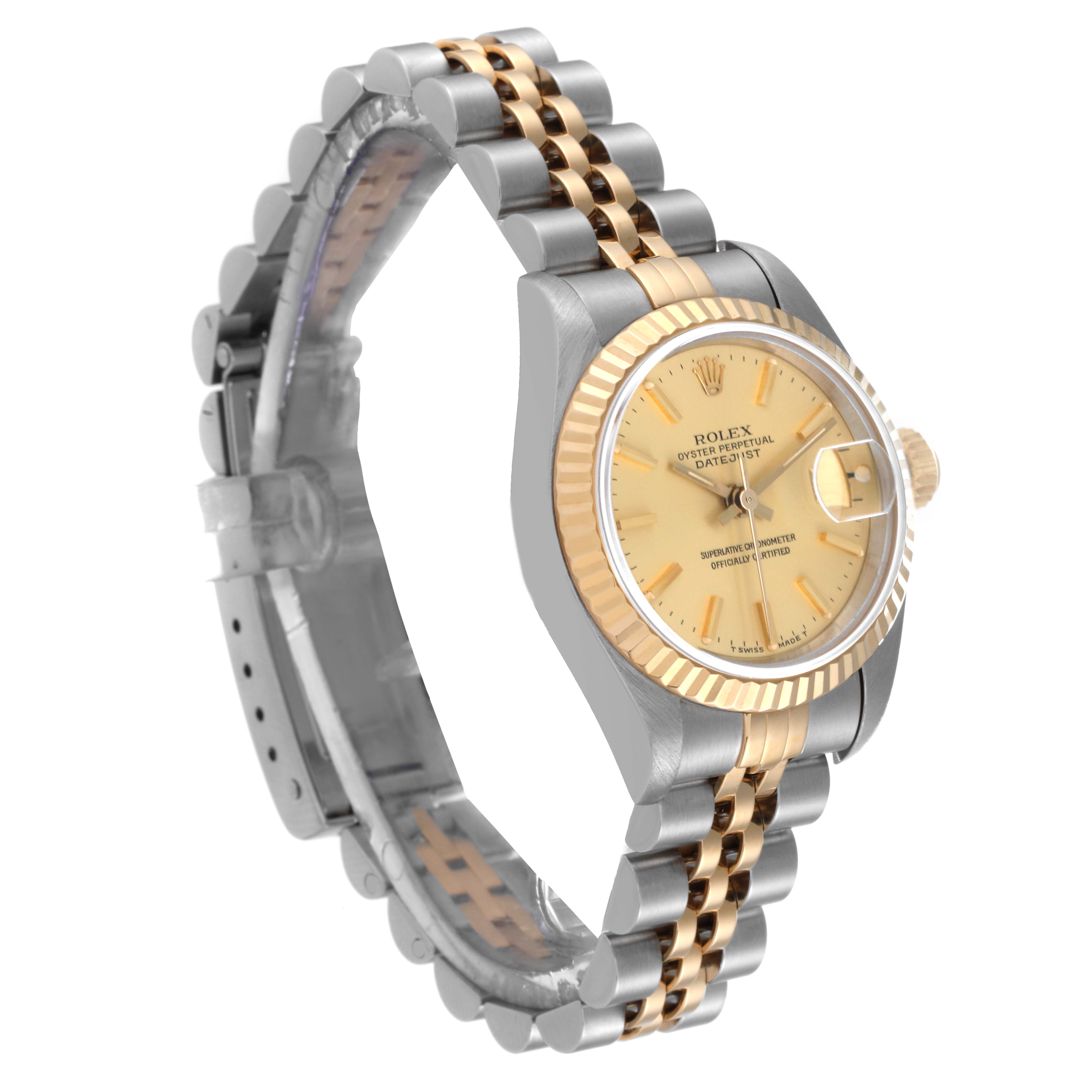 The image shows a side angle of the Rolex Datejust 69173 Women's Steel and Gold (two tone) Champagne Dial 69173 Women's Steel and Gold (two tone) Champagne Dial watch displaying its face, bezel, crown, and two-tone metal bracelet.