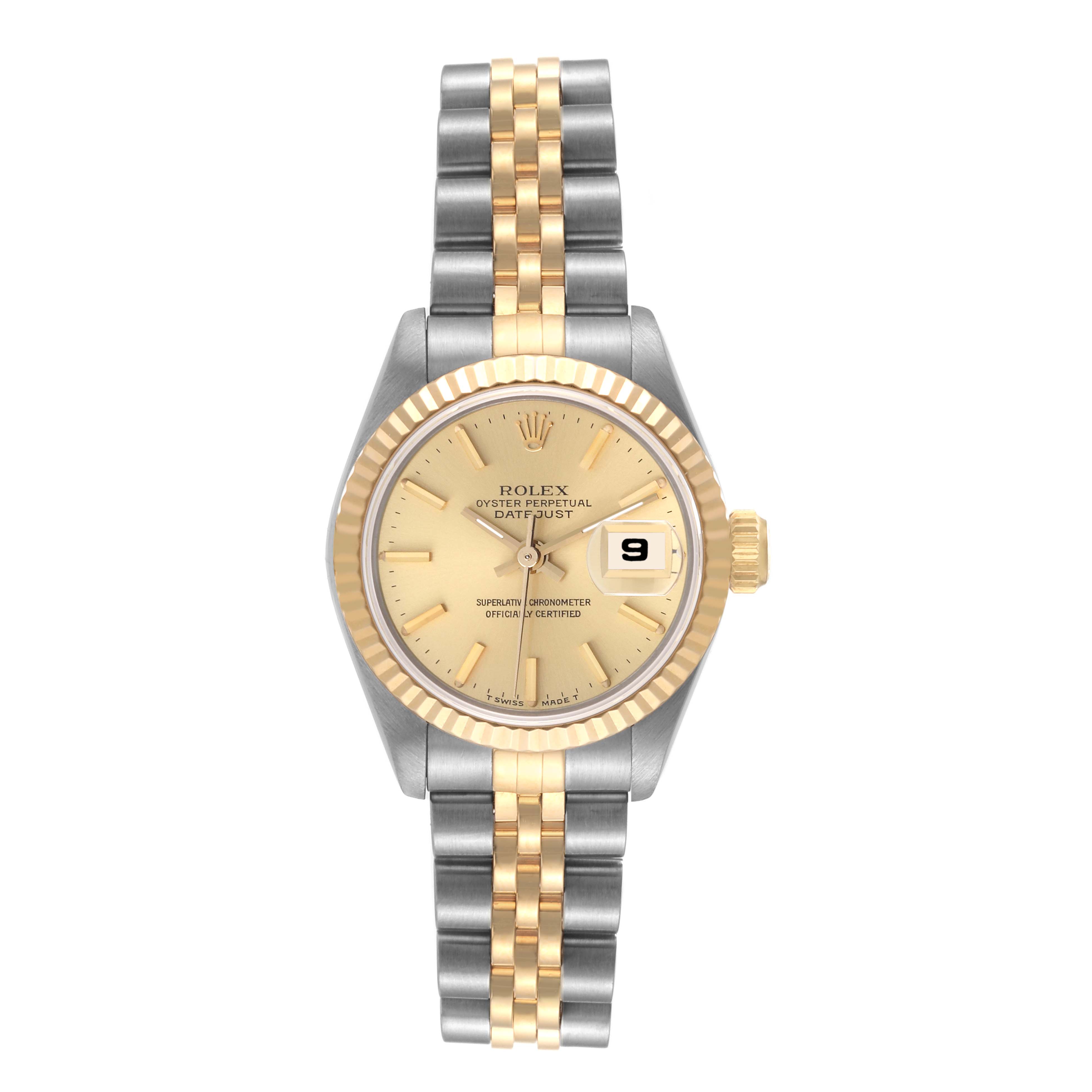 The image shows a frontal view of the Rolex Datejust 69173 Women's Steel and Gold (two tone) Champagne Dial 69173 Women's Steel and Gold (two tone) Champagne Dial, highlighting its dial, bezel, and two-tone bracelet.
