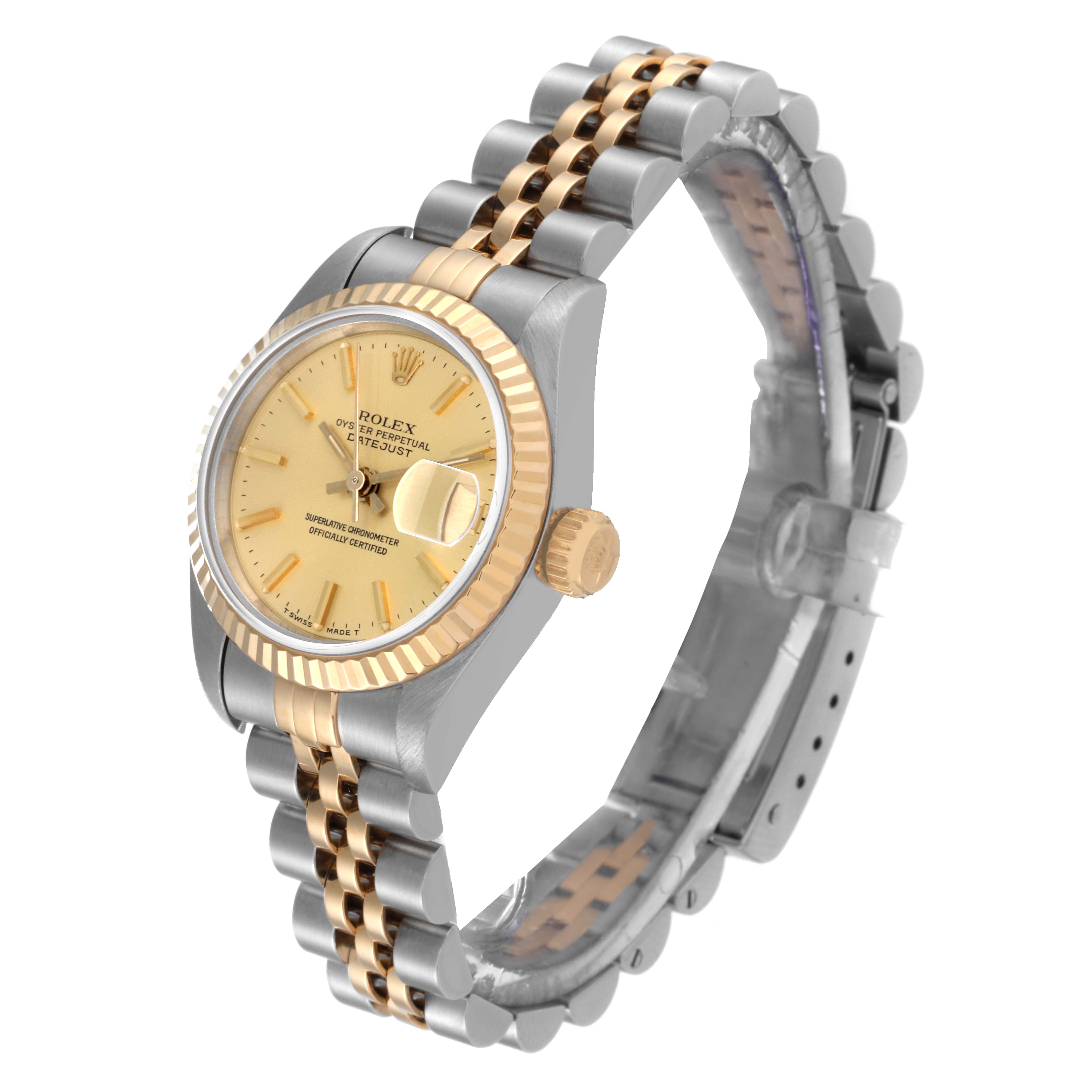 The Rolex Datejust 69173 Women's Steel and Gold (two tone) Champagne Dial 69173 Women's Steel and Gold (two tone) Champagne Dial watch is shown at a three-quarter angle, displaying its bracelet, crown, dial, and bezel.