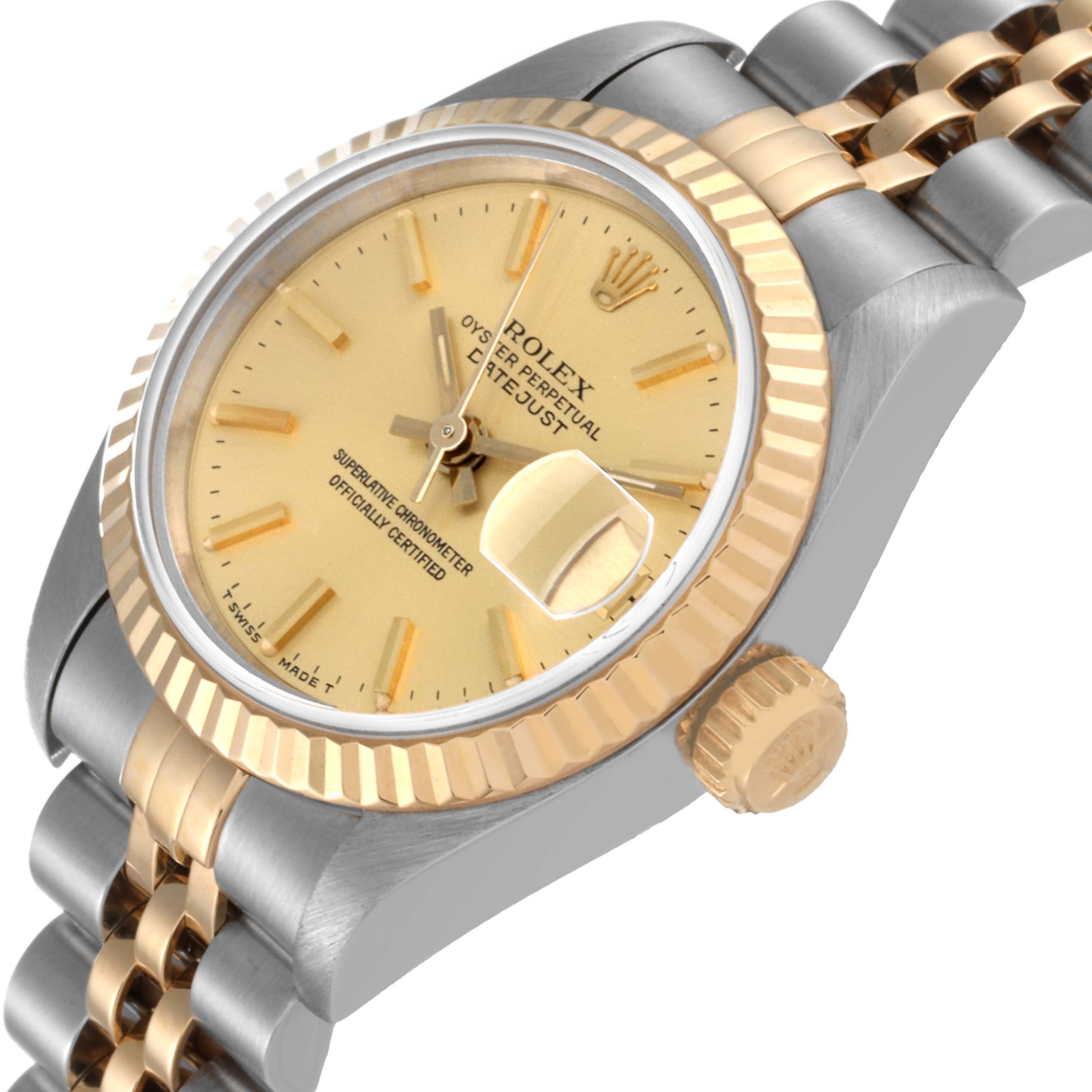The image shows a close-up, angled view of the Rolex Datejust 69173 Women's Steel and Gold (two tone) Champagne Dial 69173 Women's Steel and Gold (two tone) Champagne Dial watch, highlighting the crown, bezel, dial, and part of the bracelet.