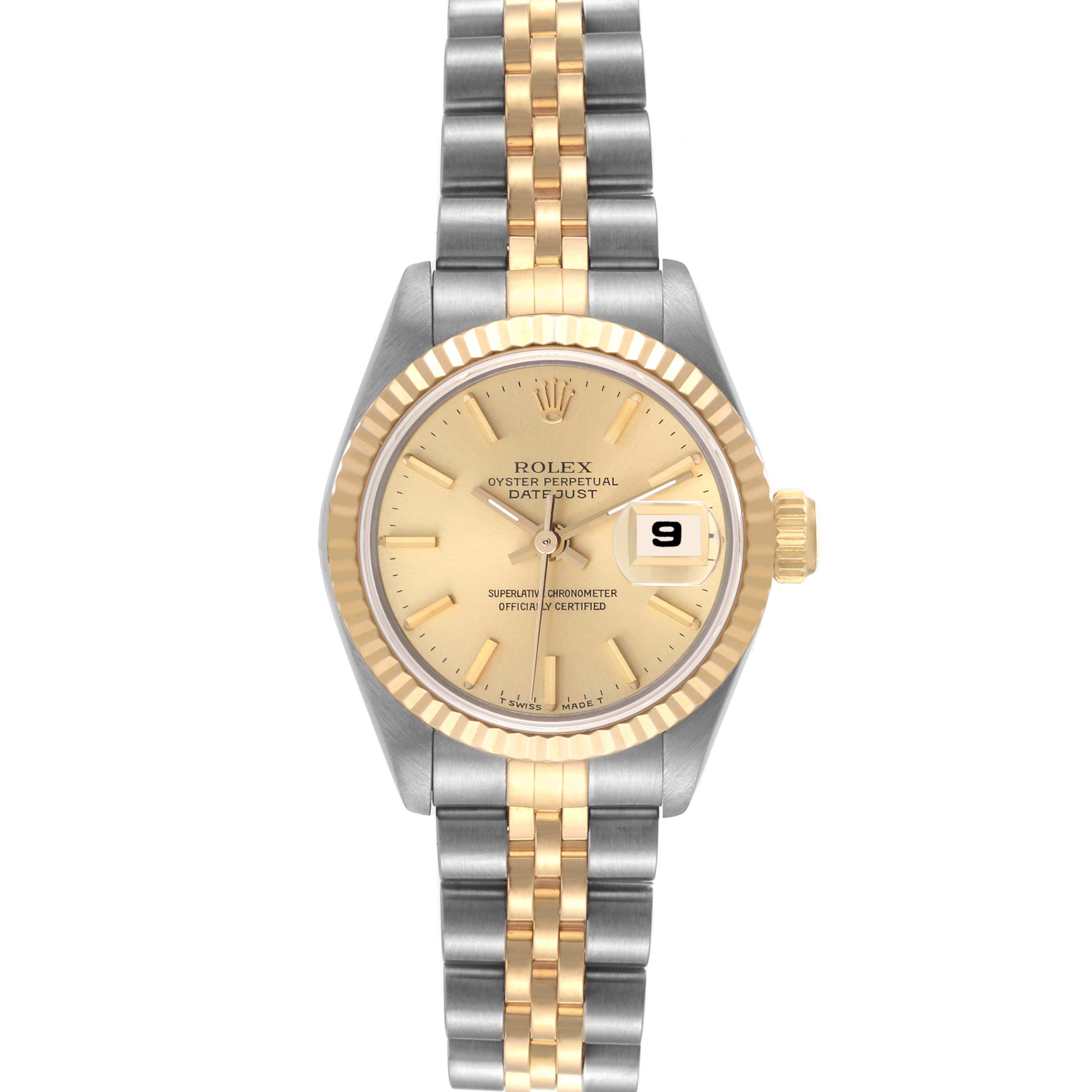 The image shows a front view of a Rolex Datejust 69173 Women's Steel and Gold (two tone) Champagne Dial 69173 Women's Steel and Gold (two tone) Champagne Dial watch, highlighting its gold bezel, dial, and the two-tone metal bracelet.