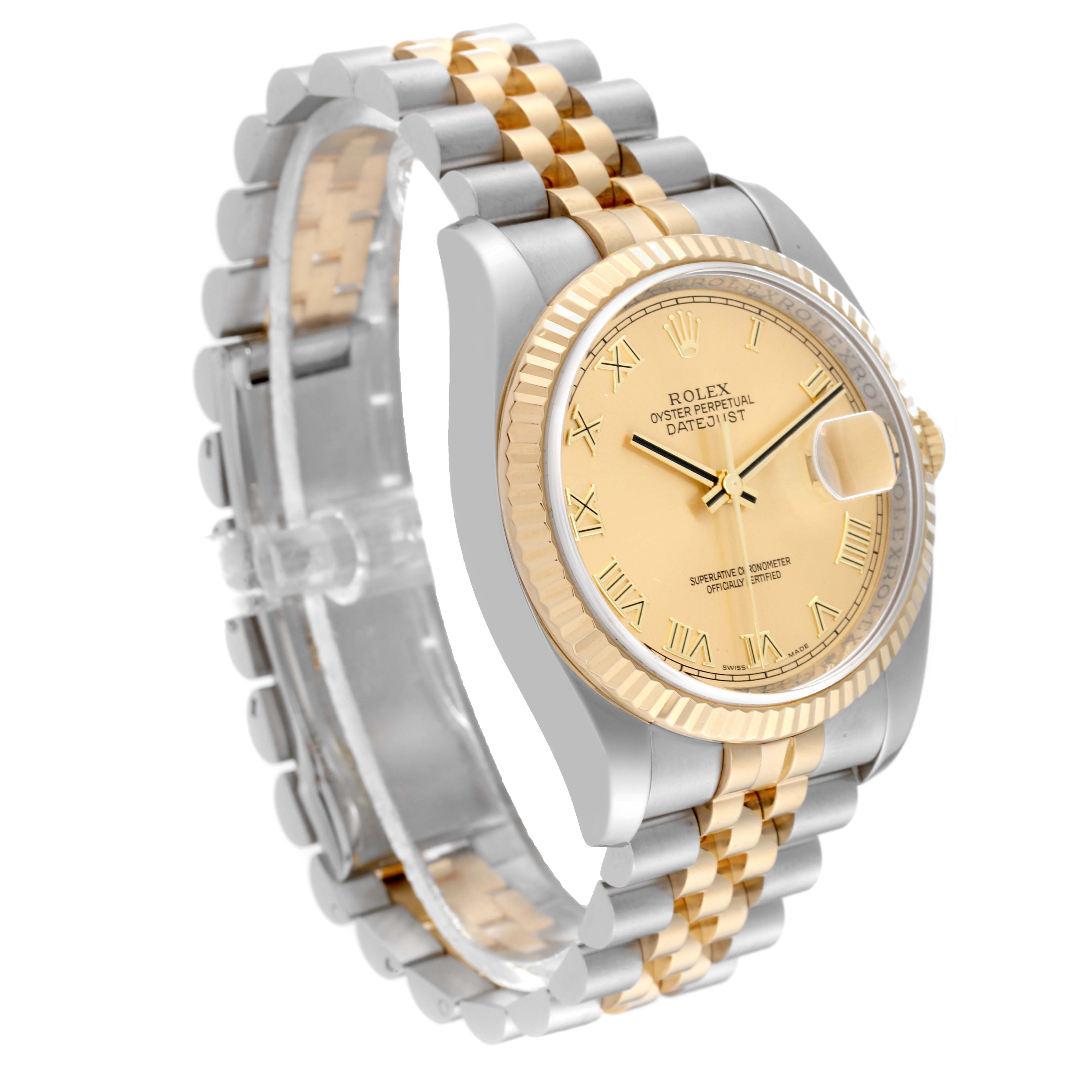 This image shows a Rolex Datejust 116233 Men's Steel and Gold (two tone) Champagne Dial 116233 Men's Steel and Gold (two tone) Champagne Dial model watch at an angled side view, highlighting the face, bezel, and bi-metal bracelet.