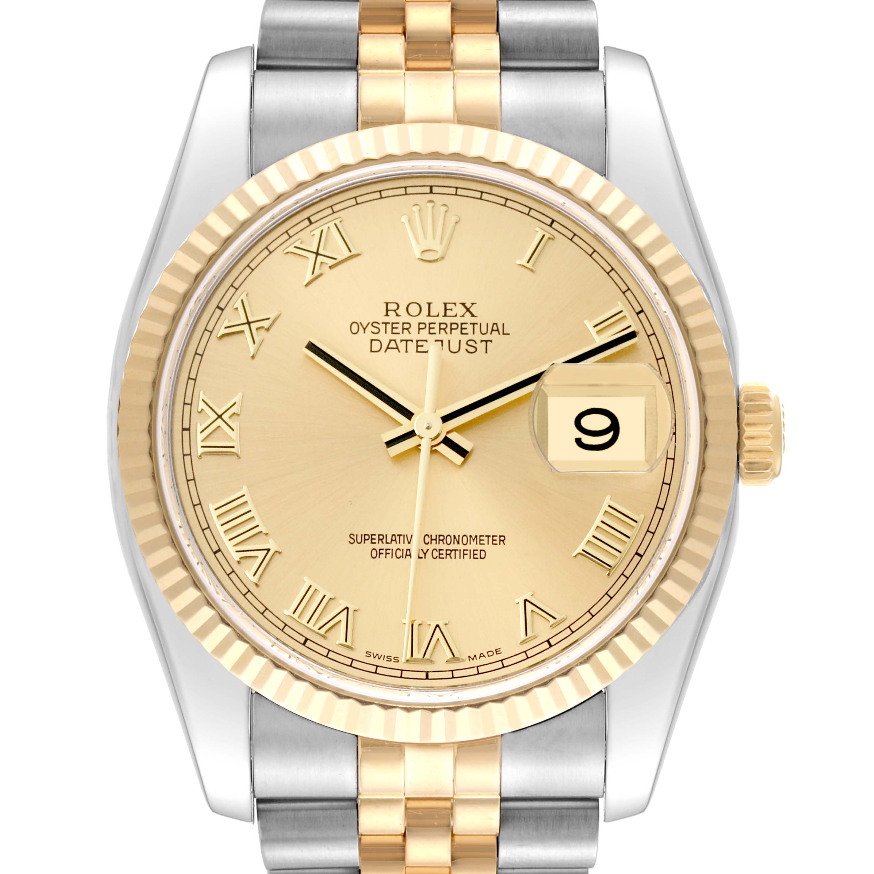 This image shows a front view of the Rolex Datejust 116233 Men's Steel and Gold (two tone) Champagne Dial 116233 Men's Steel and Gold (two tone) Champagne Dial watch, highlighting its bezel, dial, and bracelet.