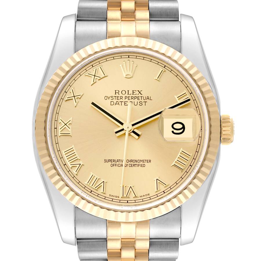 This image shows a front view of the Rolex Datejust watch, highlighting its bezel, dial, and bracelet.