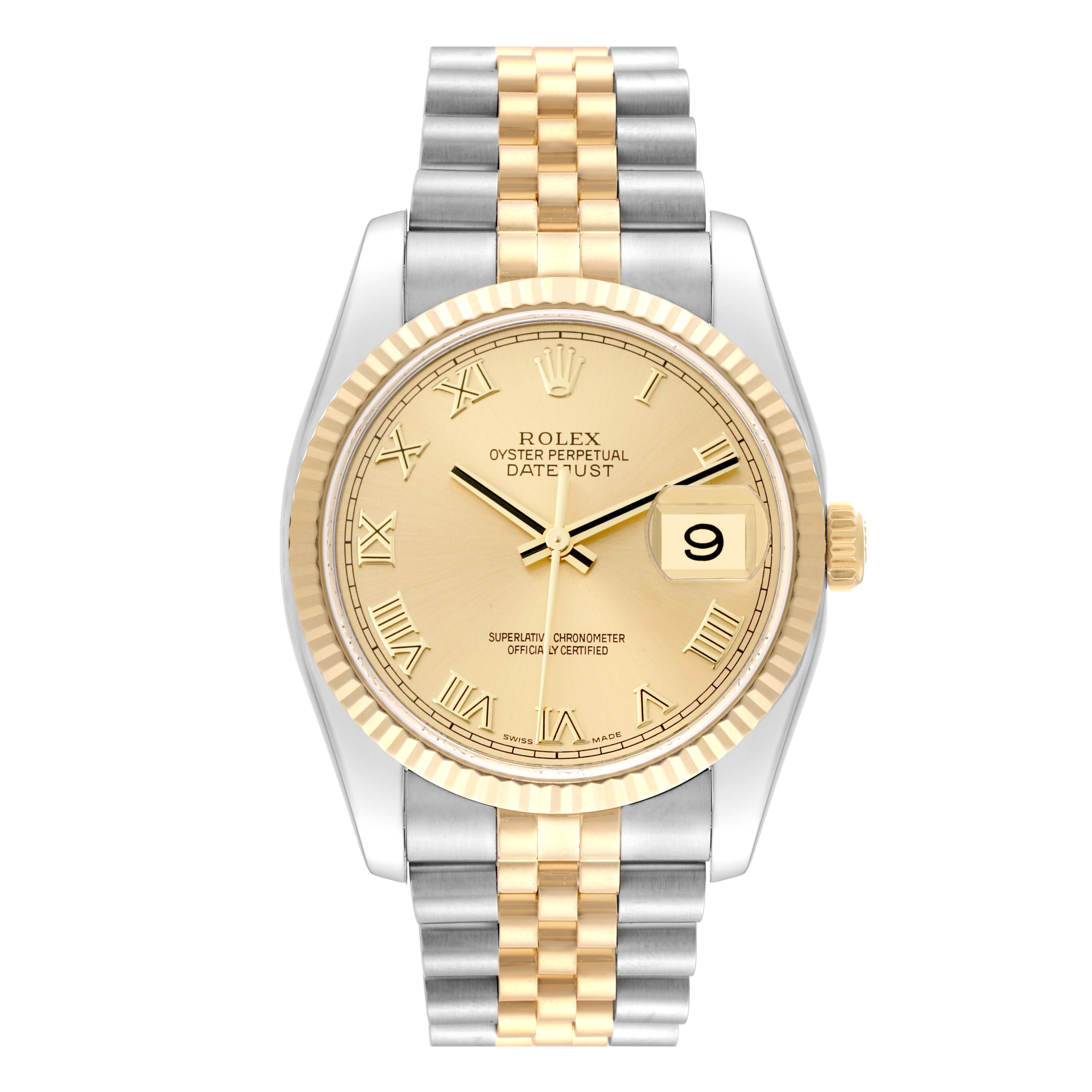 The Rolex Datejust 116233 Men's Steel and Gold (two tone) Champagne Dial 116233 Men's Steel and Gold (two tone) Champagne Dial watch is shown from a straight-on angle, highlighting its gold dial, date window, and two-tone bracelet.