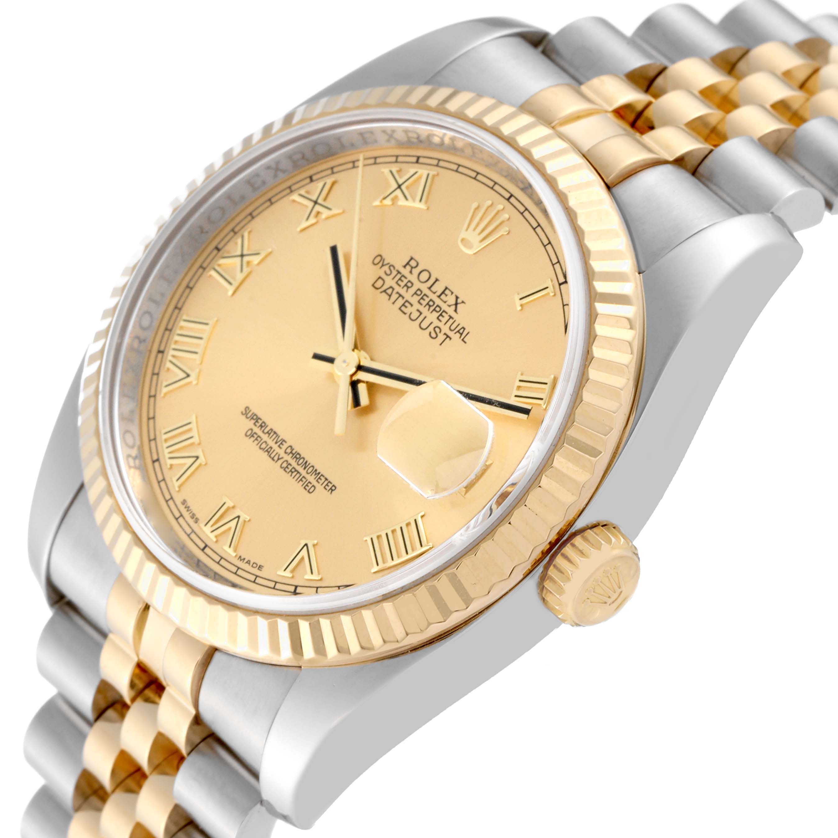The image shows a close-up side angle of the Rolex Datejust 116233 Men's Steel and Gold (two tone) Champagne Dial 116233 Men's Steel and Gold (two tone) Champagne Dial watch's face, bezel, crown, and part of the jubilee bracelet.