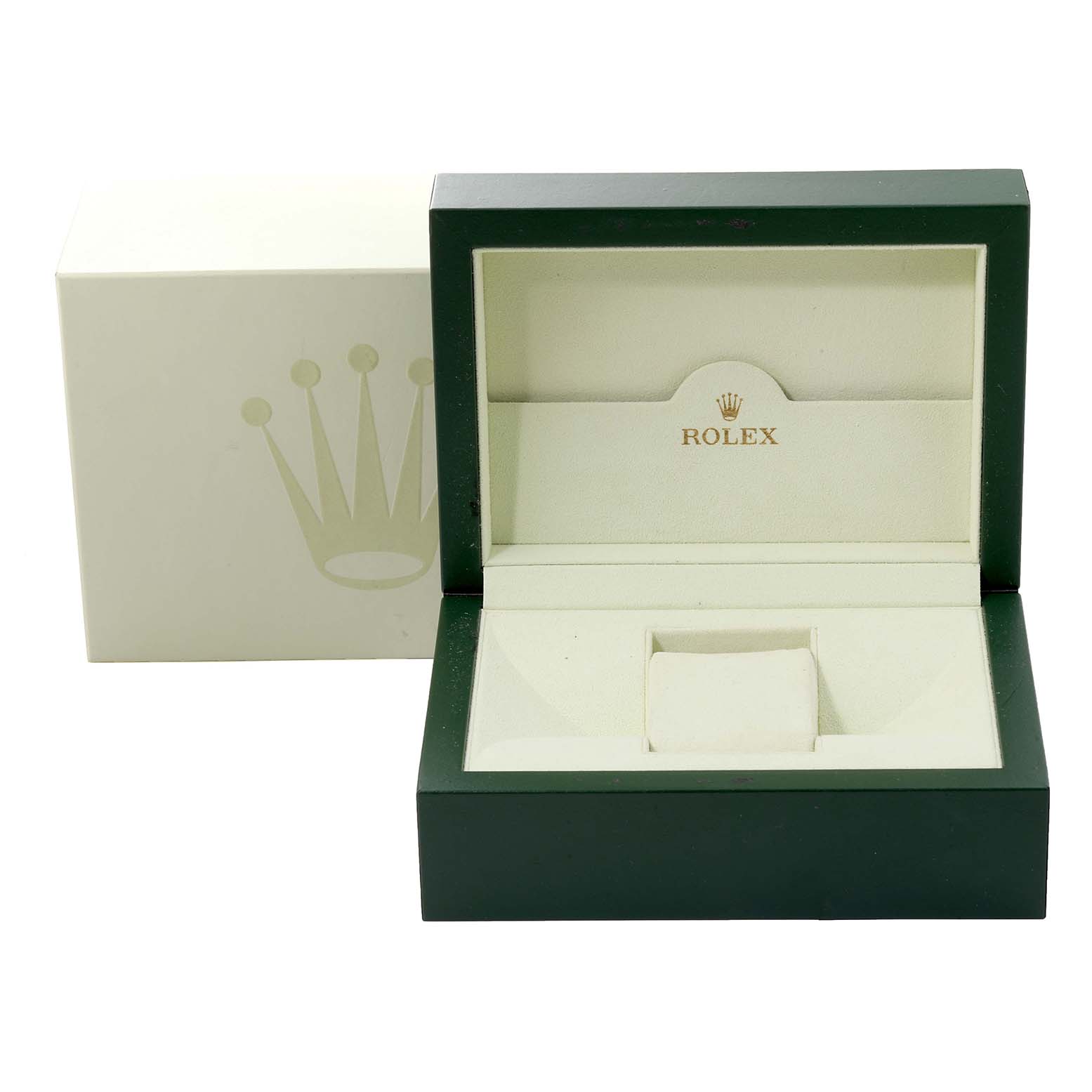 This image shows an open Rolex watch box for the Datejust model, featuring the brand logo inside.