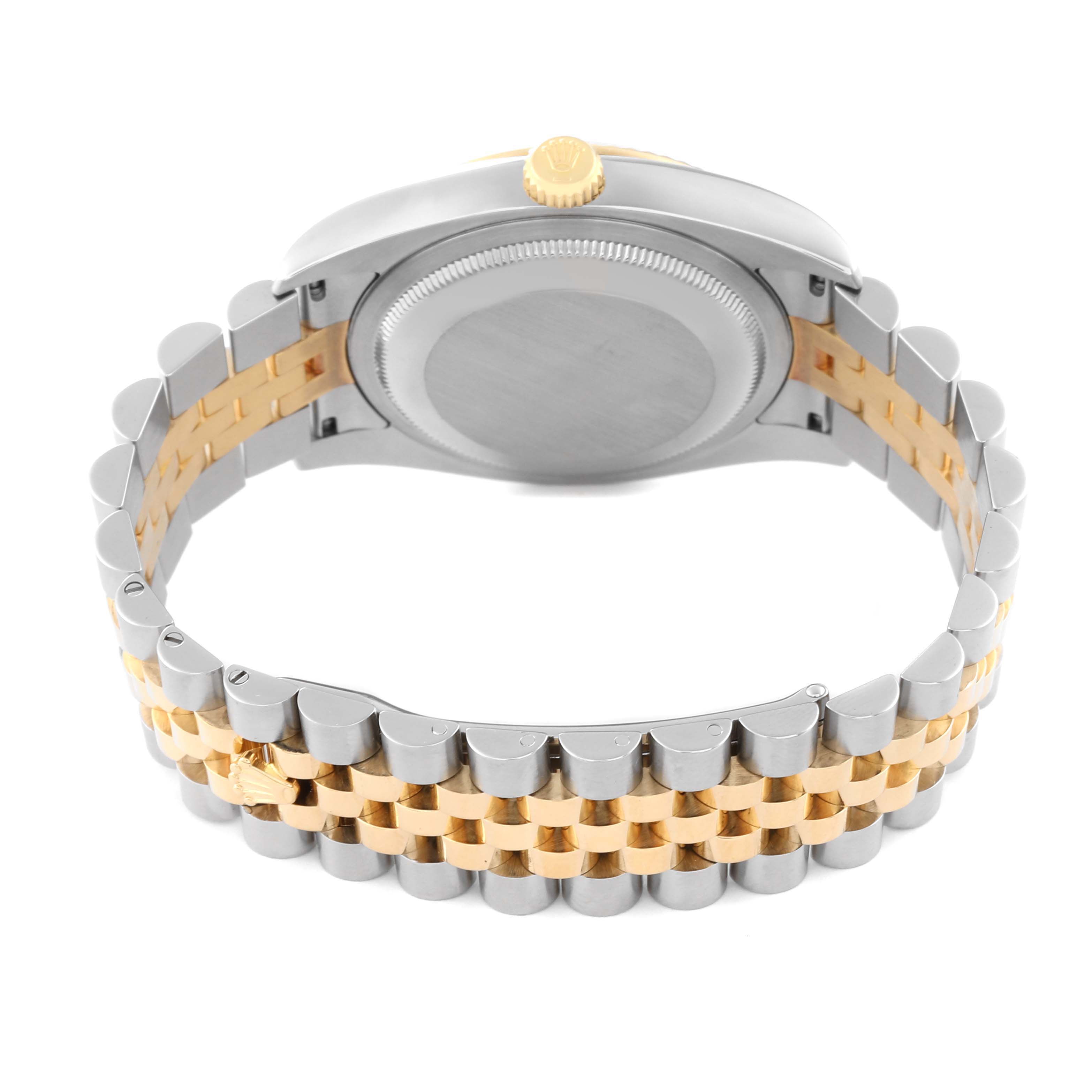 The image shows the back view of a Rolex Datejust 116233 Men's Steel and Gold (two tone) Champagne Dial 116233 Men's Steel and Gold (two tone) Champagne Dial watch, highlighting its two-tone bracelet and case back.