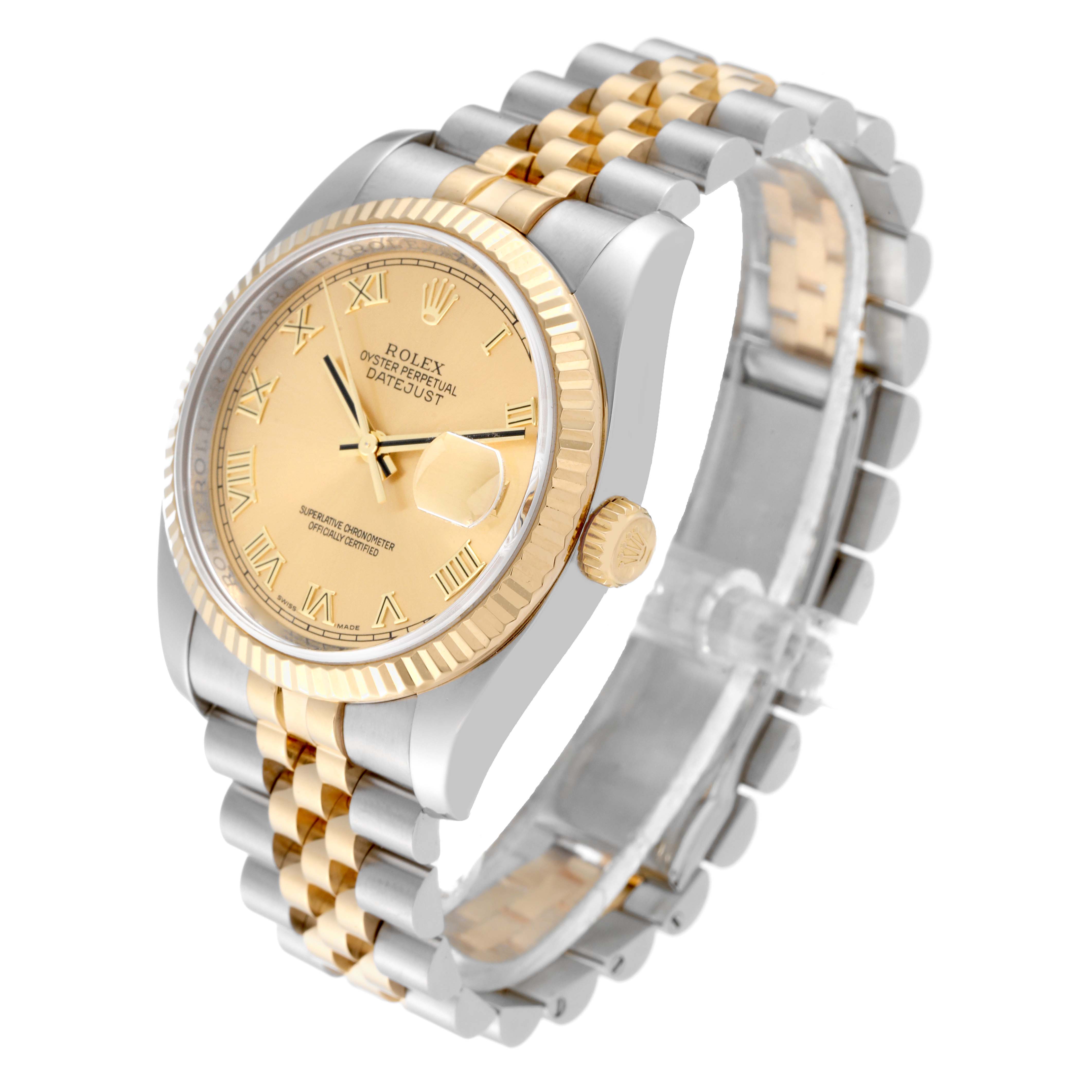 The image shows a Rolex Datejust 116233 Men's Steel and Gold (two tone) Champagne Dial 116233 Men's Steel and Gold (two tone) Champagne Dial watch from a top-angle, highlighting the face, bezel, crown, and two-tone bracelet.