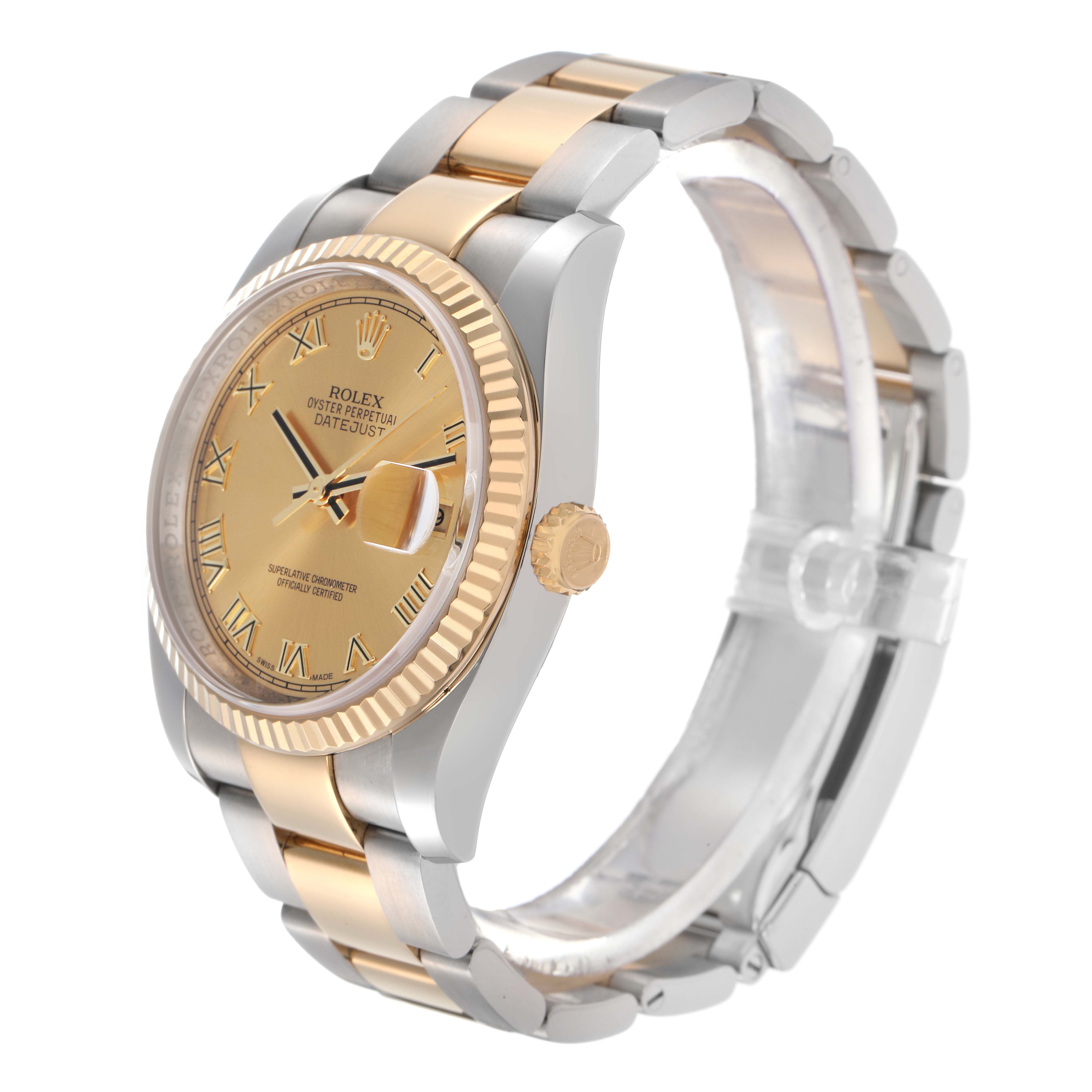 The Rolex Datejust 116233 Men
s Steel and Gold (two tone) Champagne Dial 116233 Men
s Steel and Gold (two tone) Champagne Dial watch is shown at a three-quarter angle, highlighting its gold dial, fluted bezel, and bicolor bracelet.