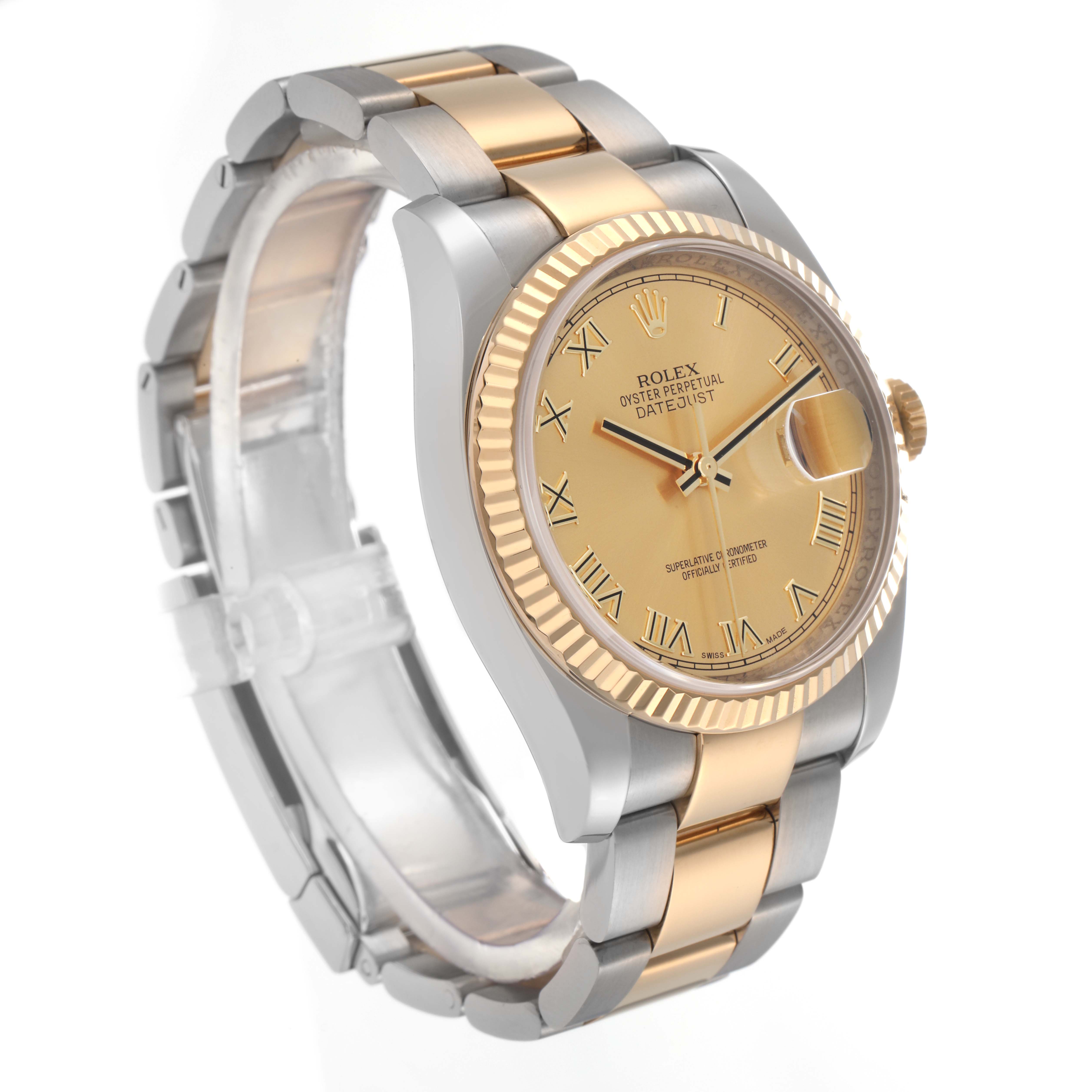 The Rolex Datejust 116233 Men
s Steel and Gold (two tone) Champagne Dial 116233 Men
s Steel and Gold (two tone) Champagne Dial watch is shown at a three-quarter angle, displaying the strap, bezel, and face with a clear view of the Roman numerals.