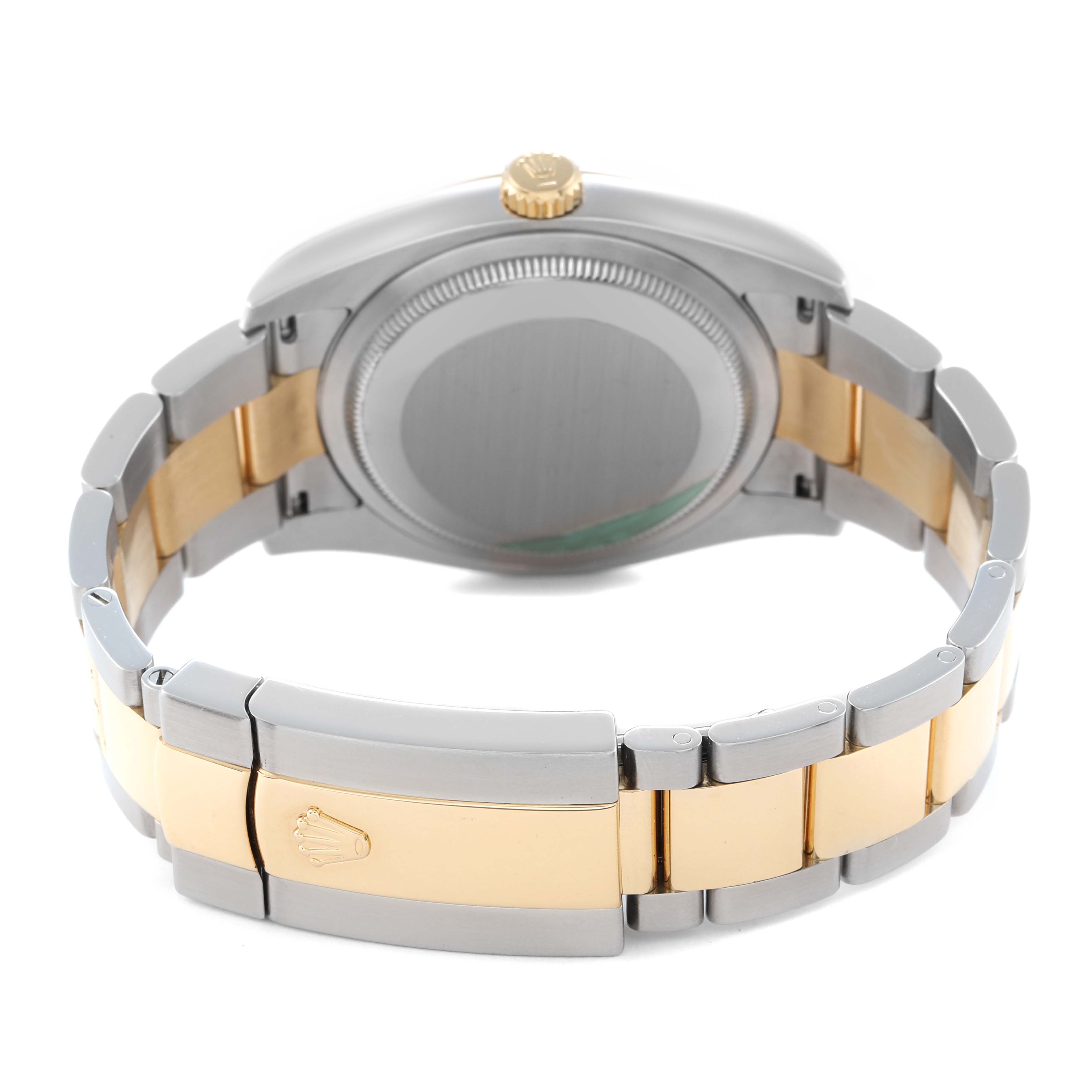 The image shows the Rolex Datejust 116233 Men
s Steel and Gold (two tone) Champagne Dial 116233 Men
s Steel and Gold (two tone) Champagne Dial from a rear angle, highlighting the case back, gold bezel, and two-tone bracelet clasp.