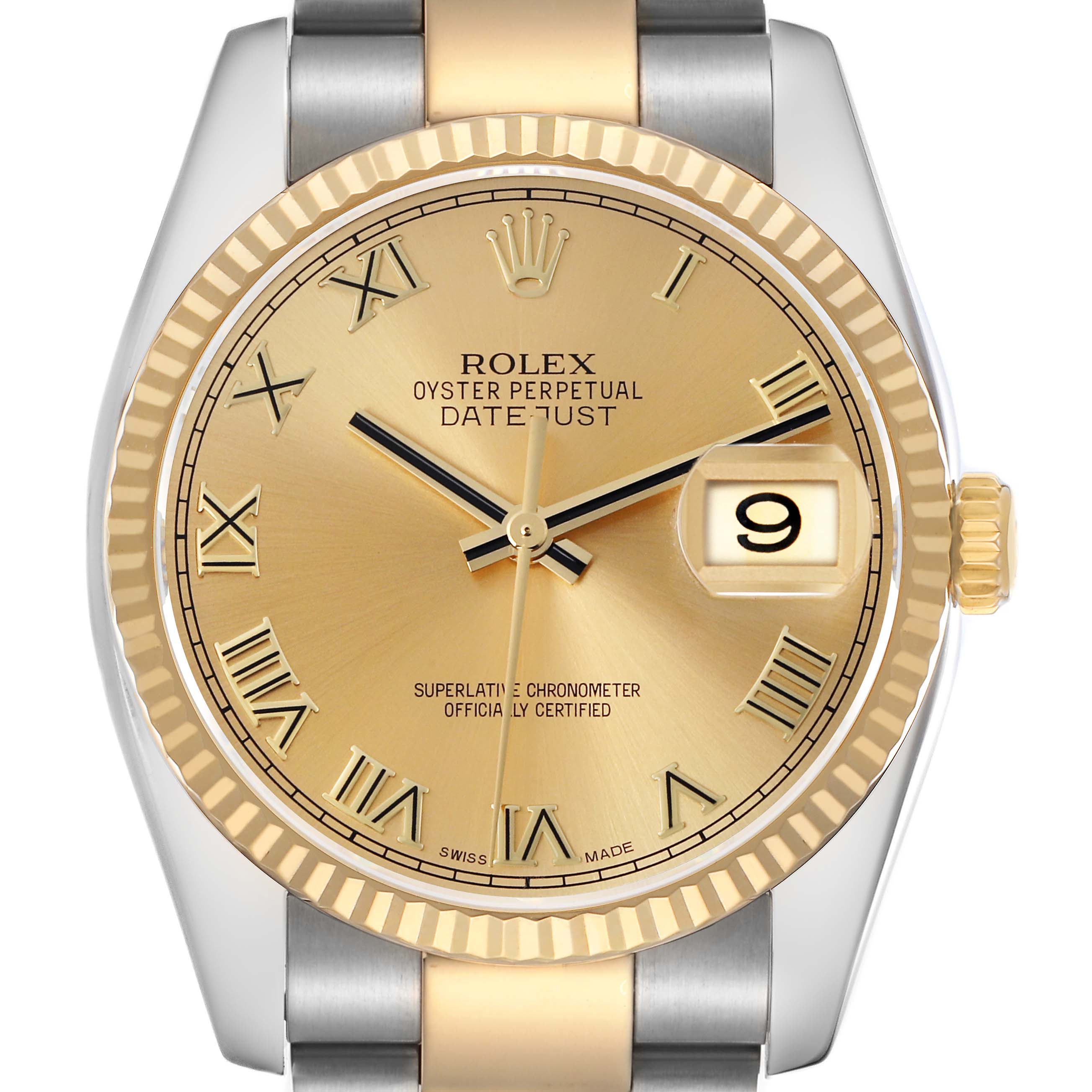 The Rolex Datejust 116233 Men
s Steel and Gold (two tone) Champagne Dial 116233 Men
s Steel and Gold (two tone) Champagne Dial is shown from the front, highlighting its gold dial, fluted bezel, and date window.