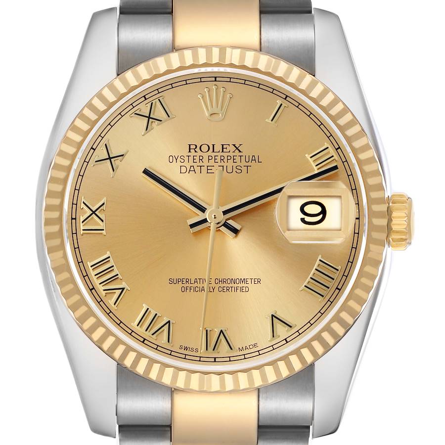 The Rolex Datejust is shown from the front, highlighting its gold dial, fluted bezel, and date window.