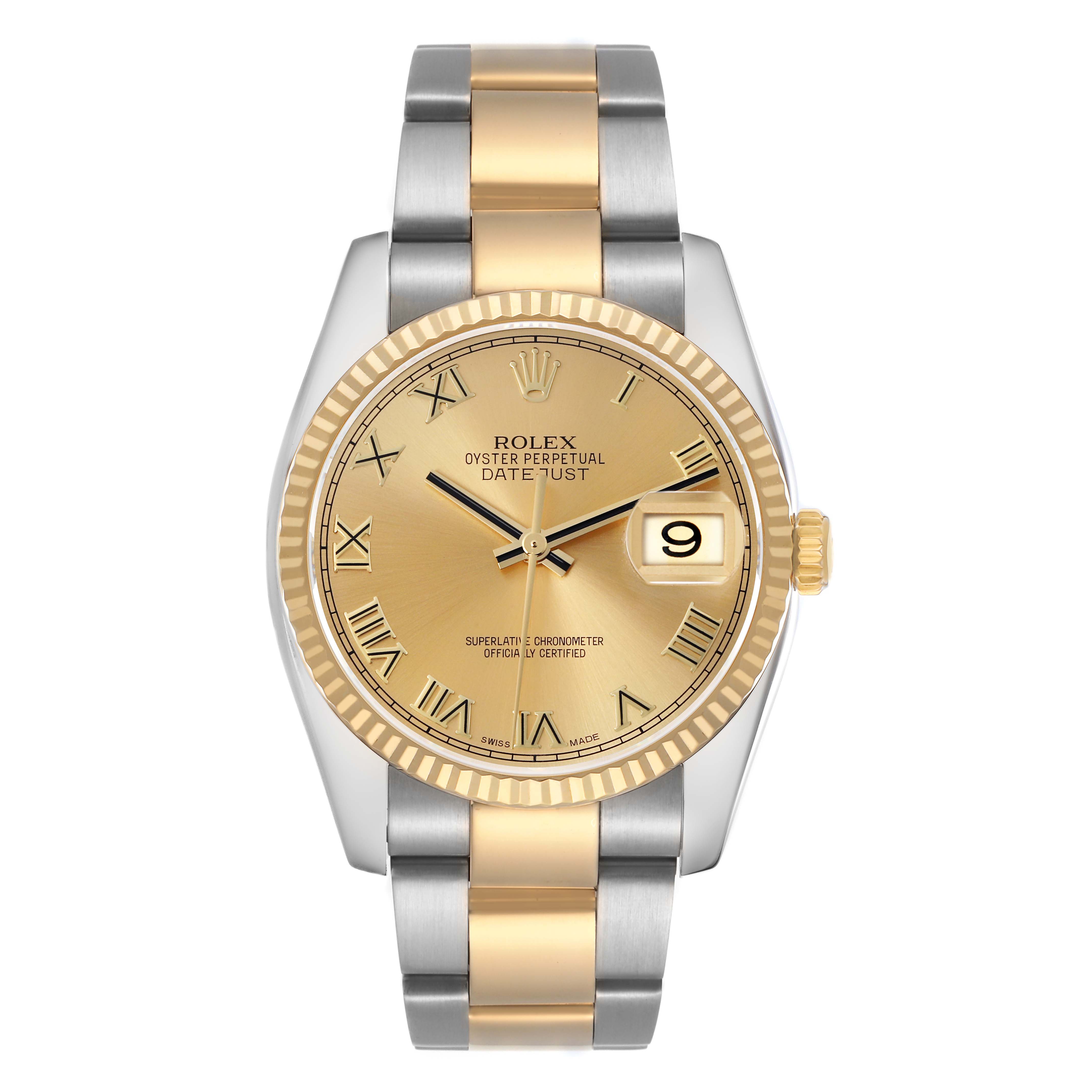 The Rolex Datejust 116233 Men
s Steel and Gold (two tone) Champagne Dial 116233 Men
s Steel and Gold (two tone) Champagne Dial is shown from the front, featuring the dial, bezel, and bracelet in a two-tone gold and silver design.