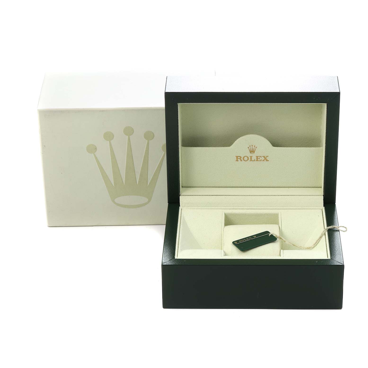 The image shows an open Rolex Datejust 116233 Men
s Steel and Gold (two tone) Champagne Dial 116233 Men
s Steel and Gold (two tone) Champagne Dial box with a tag inside, alongside its outer packaging.