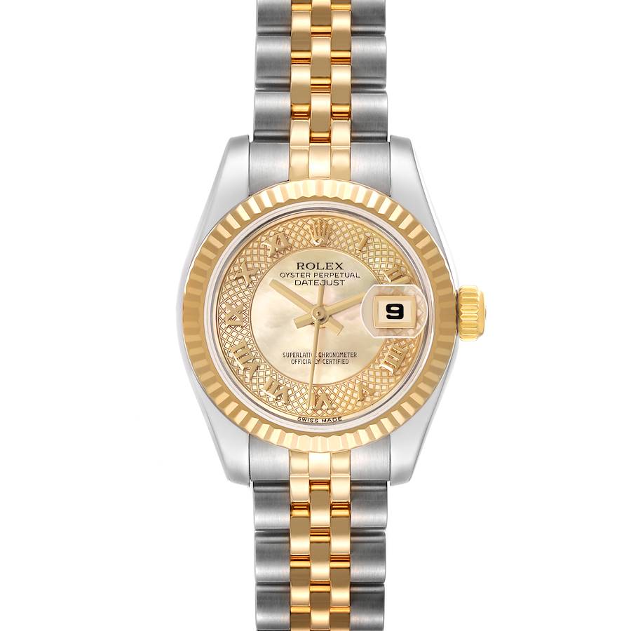 The Rolex Datejust watch is shown from the front, displaying its dial, bezel, and two-tone bracelet.