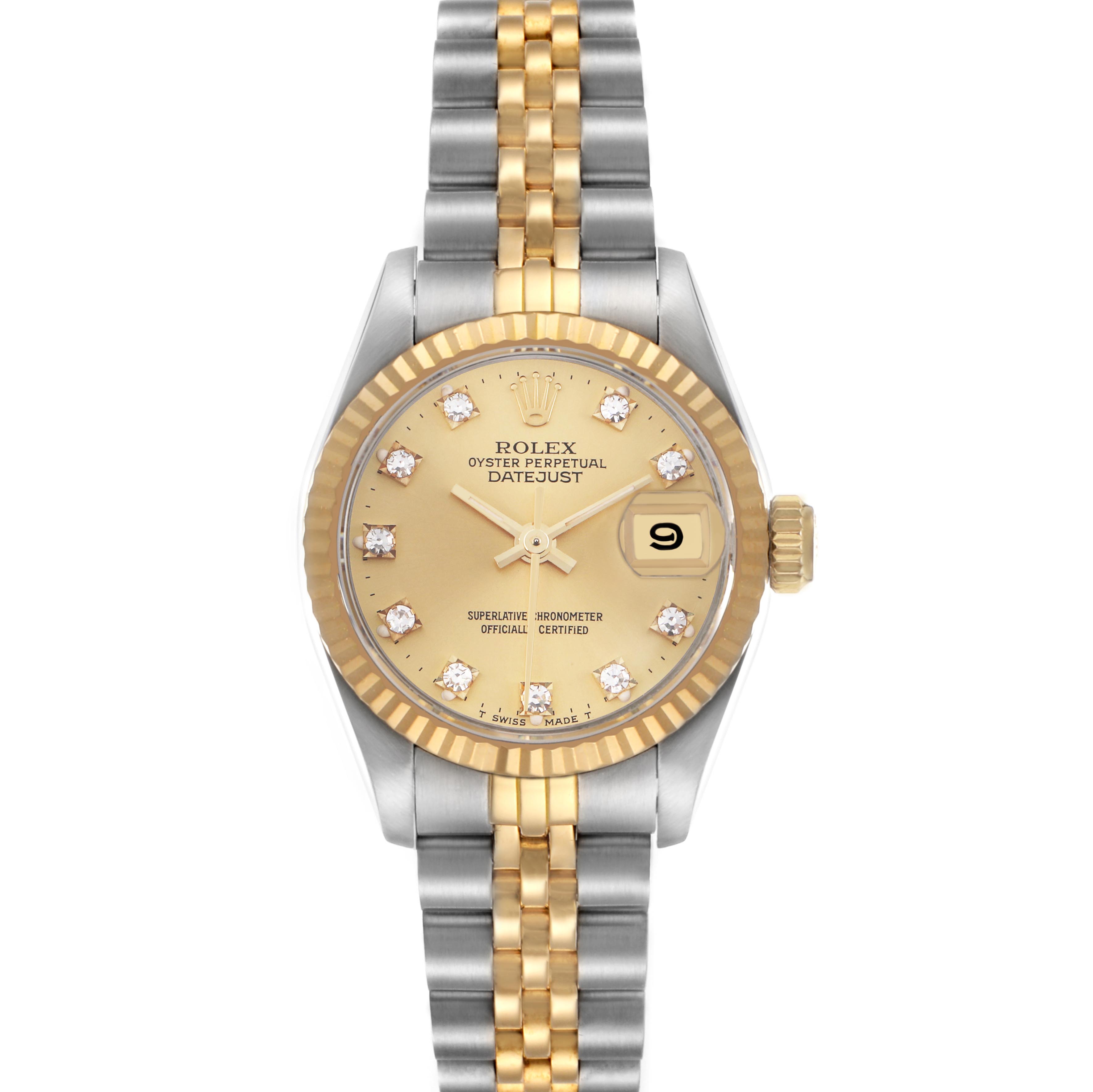 The Rolex Datejust 69173 Women
s Steel and Gold (two tone) Champagne Dial 69173 Women
s Steel and Gold (two tone) Champagne Dial watch is shown from the front, displaying the dial, bezel, and bracelet.