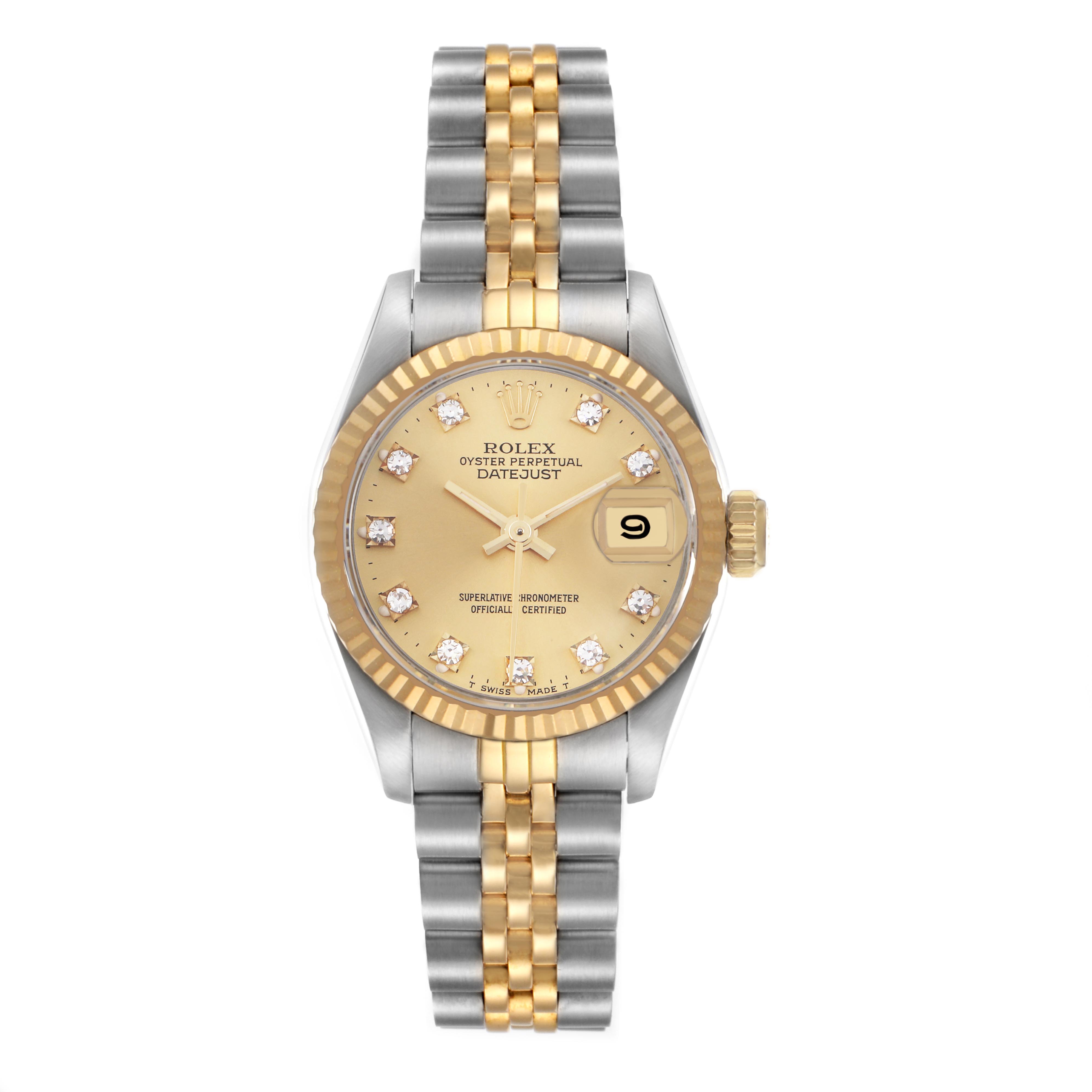 The Rolex Datejust 69173 Women
s Steel and Gold (two tone) Champagne Dial 69173 Women
s Steel and Gold (two tone) Champagne Dial watch is shown in a top-down view, displaying its face, bezel, crown, and bracelet.