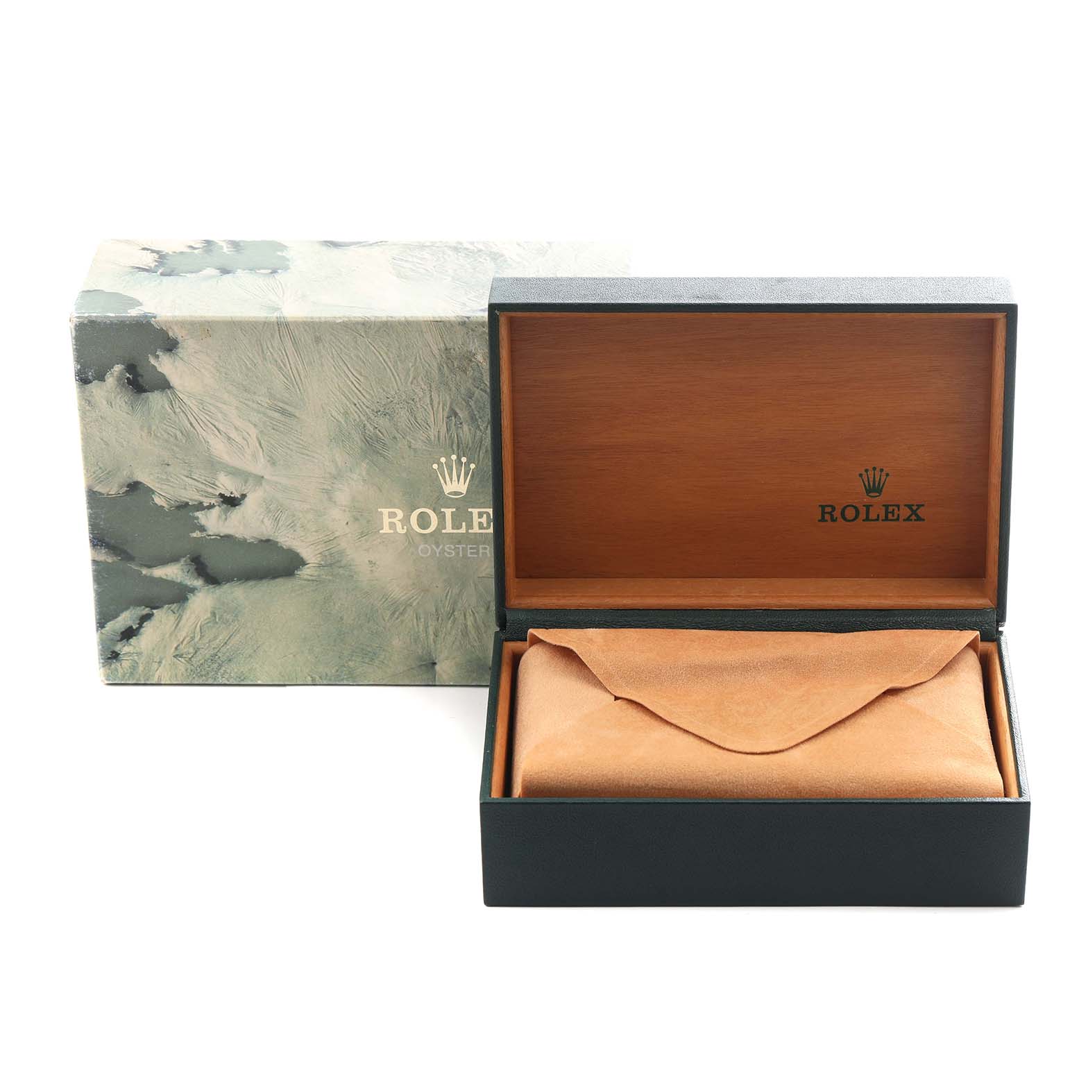 The image shows a Rolex Datejust 16013 Men
s Steel and Gold (two tone) Champagne Dial 16013 Men
s Steel and Gold (two tone) Champagne Dial box with an open wooden interior, a protective pouch, and an outer cardboard box with a textured design.