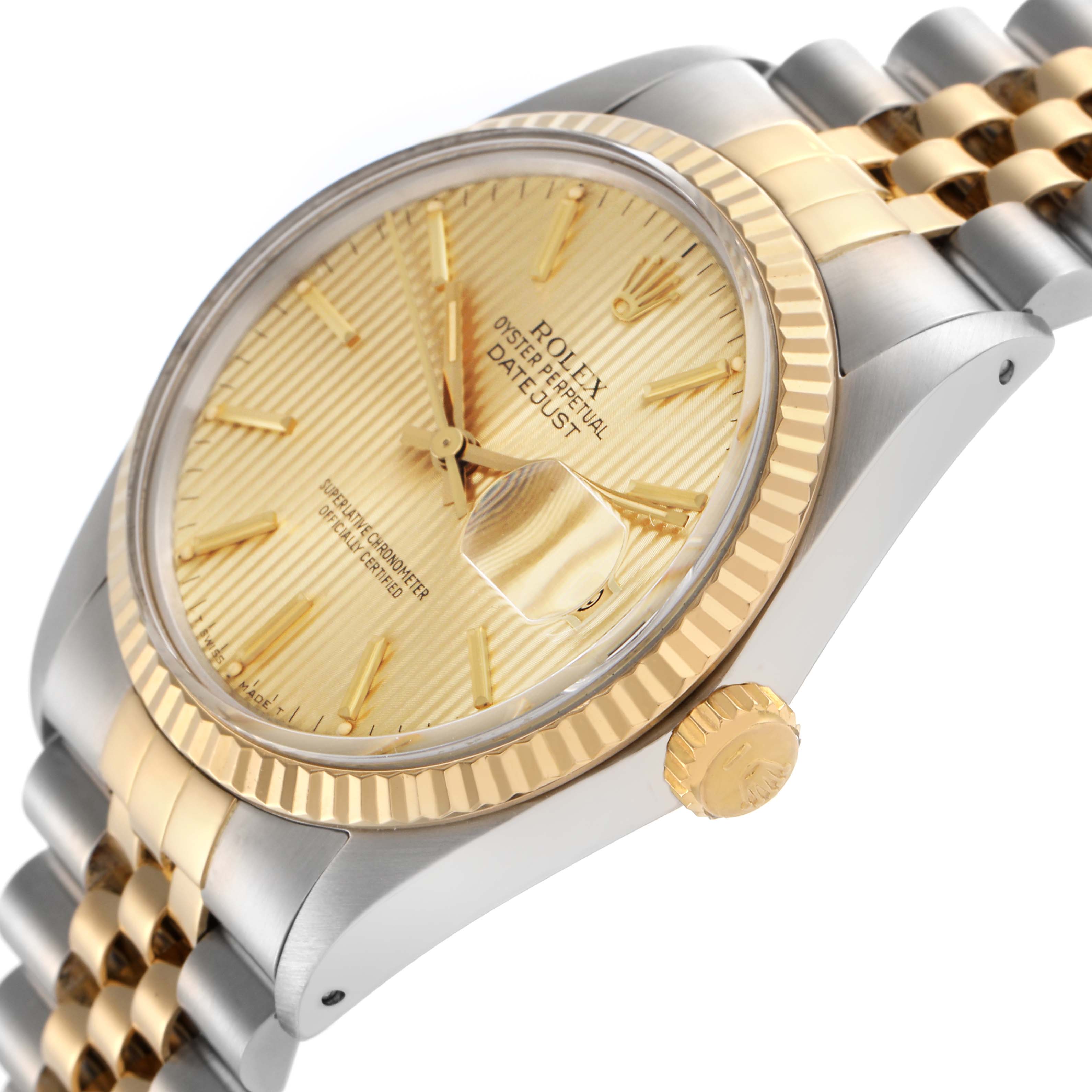 The Rolex Datejust 16013 Men
s Steel and Gold (two tone) Champagne Dial 16013 Men
s Steel and Gold (two tone) Champagne Dial watch is shown at a slight angle, highlighting the gold and silver case, bracelet, and the signature fluted bezel.