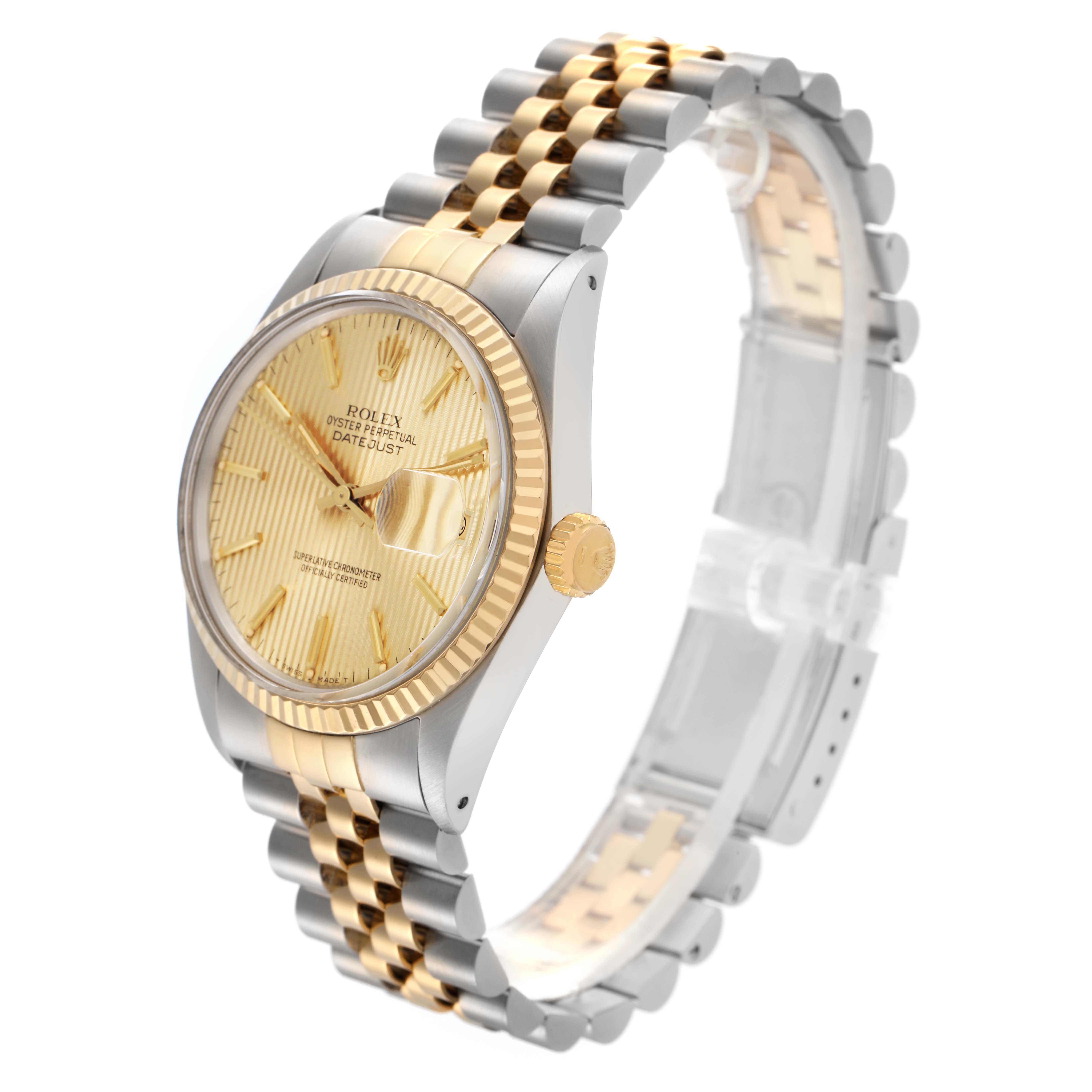 The image shows a Rolex Datejust 16013 Men
s Steel and Gold (two tone) Champagne Dial 16013 Men
s Steel and Gold (two tone) Champagne Dial watch at a three-quarter angle, highlighting the dial, bezel, crown, and Jubilee bracelet.
