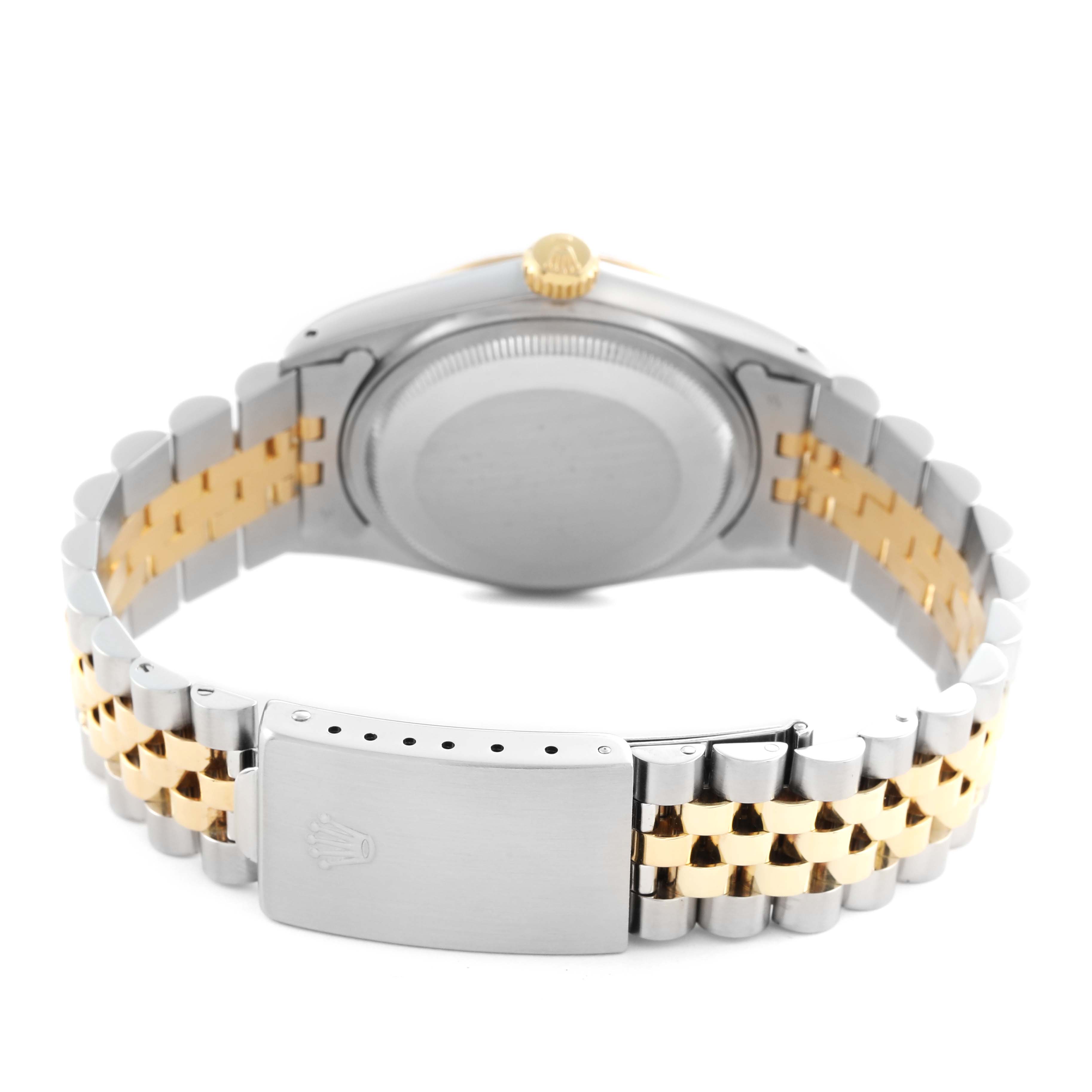 The Rolex Datejust 16013 Men
s Steel and Gold (two tone) Champagne Dial 16013 Men
s Steel and Gold (two tone) Champagne Dial watch is shown from the back, highlighting the case back, crown, and two-tone Jubilee bracelet with a clasp.
