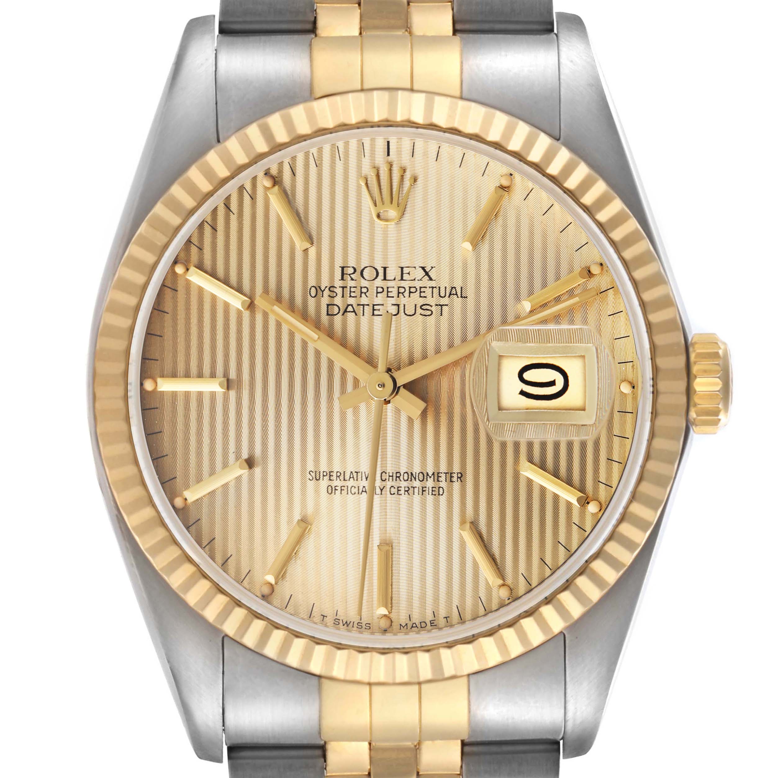 The Rolex Datejust 16013 Men
s Steel and Gold (two tone) Champagne Dial 16013 Men
s Steel and Gold (two tone) Champagne Dial watch is shown from the front, displaying the dial, hands, date window, and part of the bracelet.