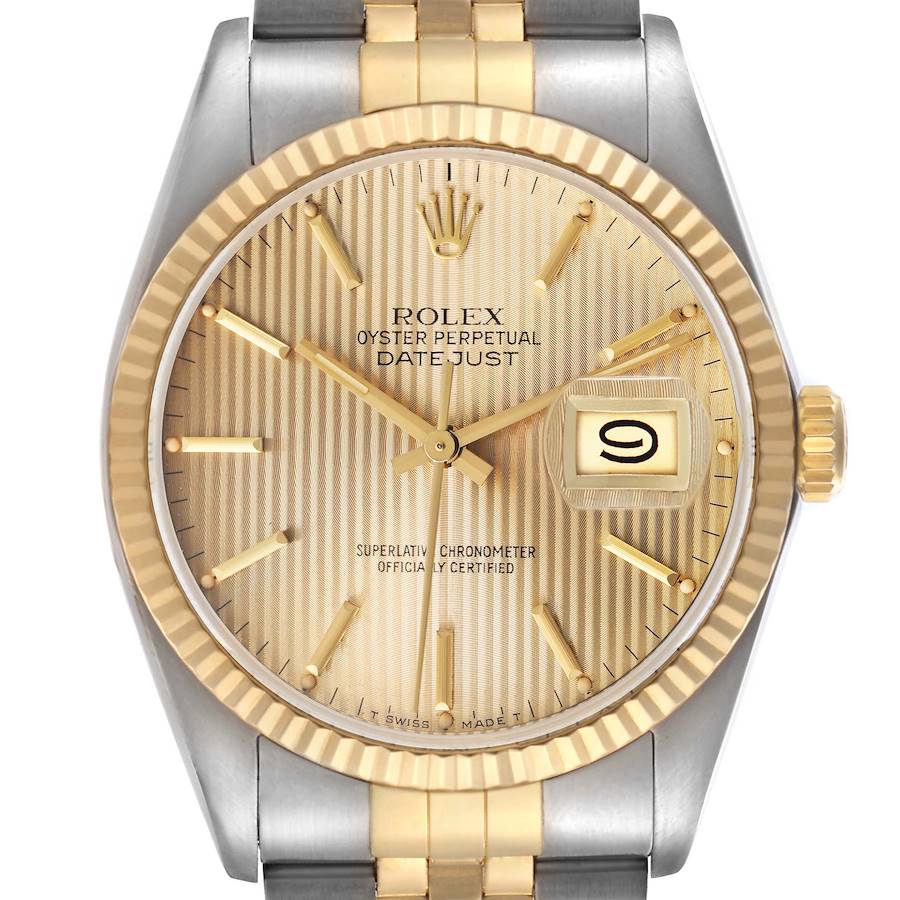 The Rolex Datejust watch is shown from the front, displaying the dial, hands, date window, and part of the bracelet.