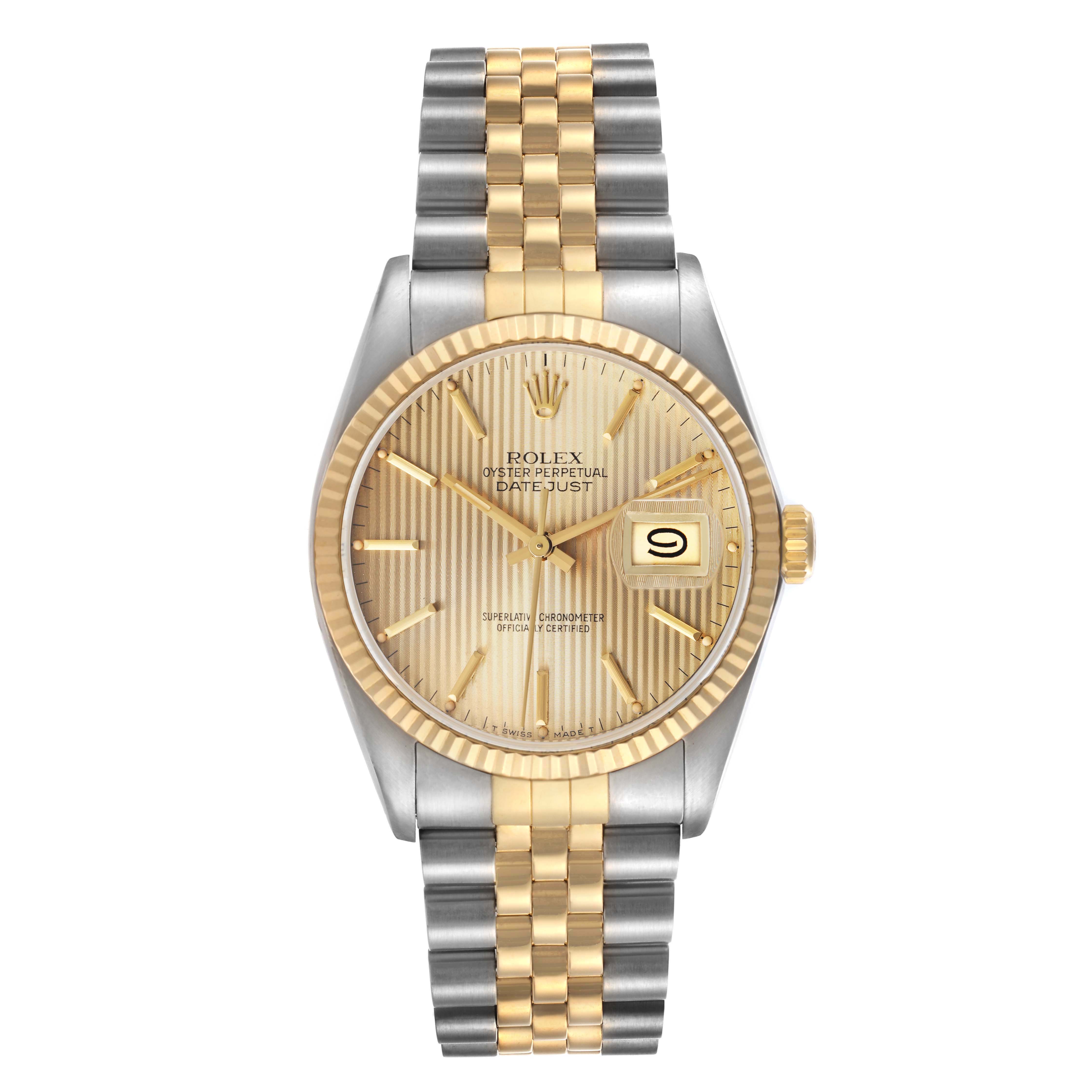 The Rolex Datejust 16013 Men
s Steel and Gold (two tone) Champagne Dial 16013 Men
s Steel and Gold (two tone) Champagne Dial watch is shown from a front angle, highlighting the dial, bezel, and two-tone bracelet.