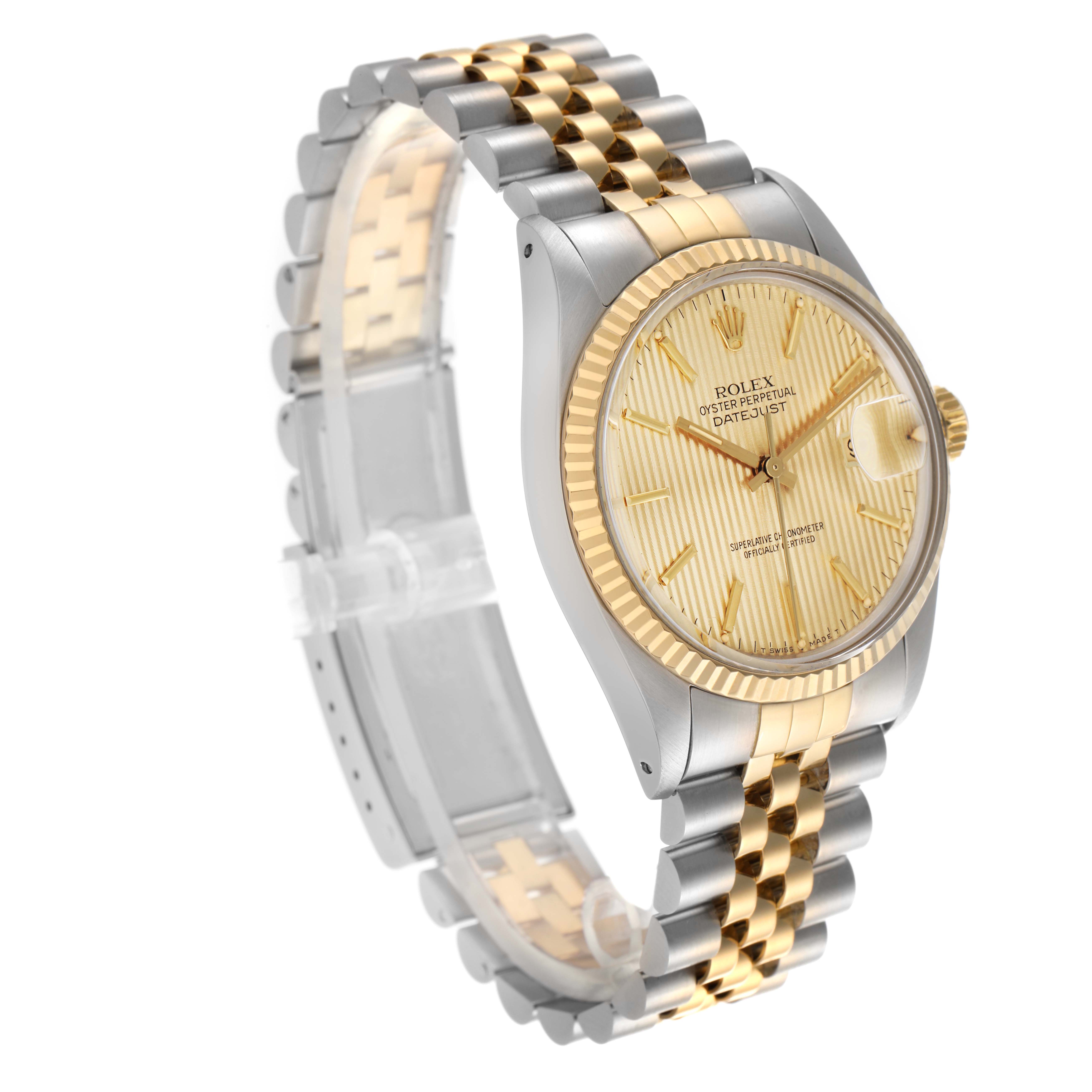 The Rolex Datejust 16013 Men
s Steel and Gold (two tone) Champagne Dial 16013 Men
s Steel and Gold (two tone) Champagne Dial watch is shown at an angle displaying the case, bezel, dial, and Jubilee bracelet.