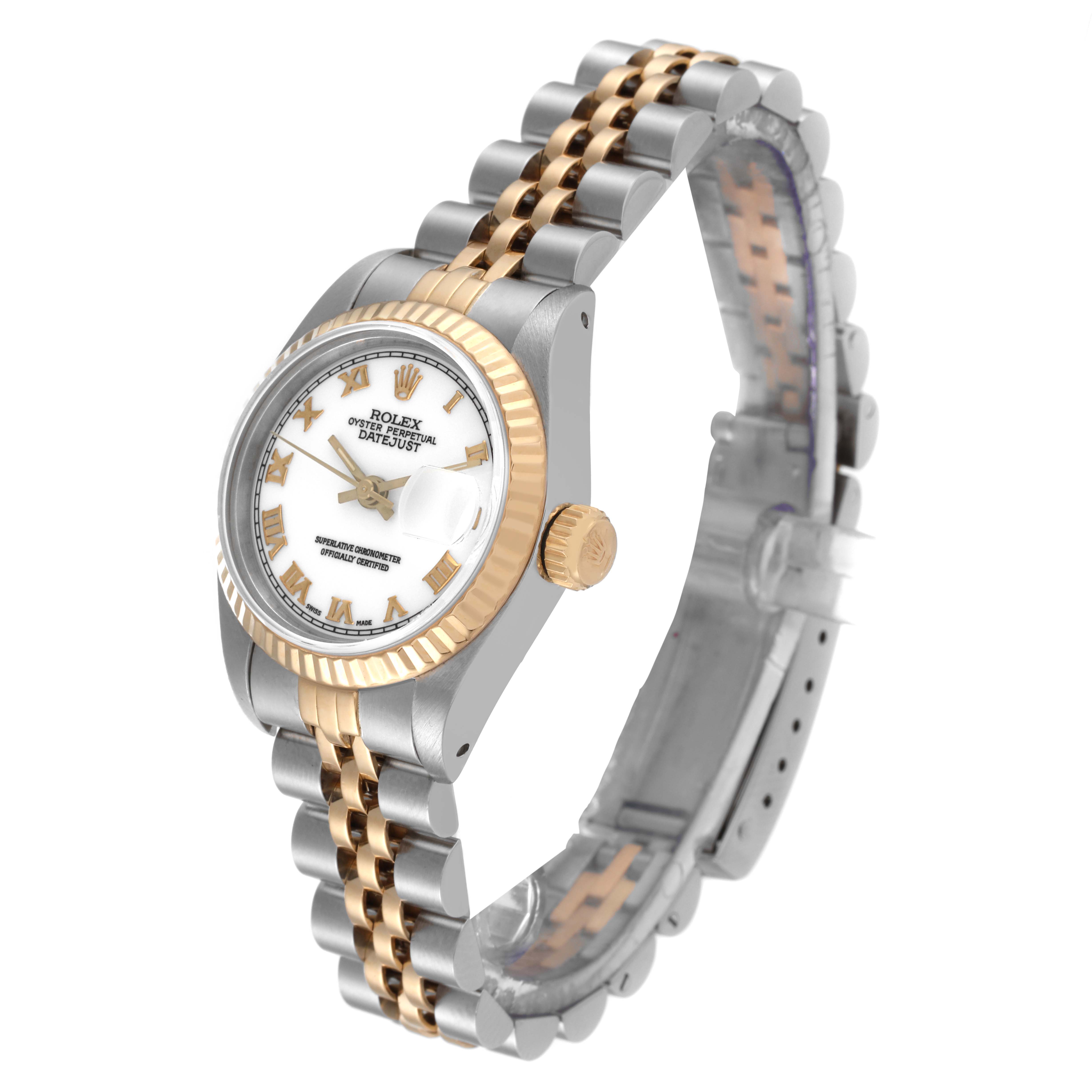 The image shows a Rolex Datejust 69173 Women's Steel and Gold (two tone) White Dial 69173 Women's Steel and Gold (two tone) White Dial watch from a three-quarter angle, highlighting the dial, bezel, crown, and bracelet.