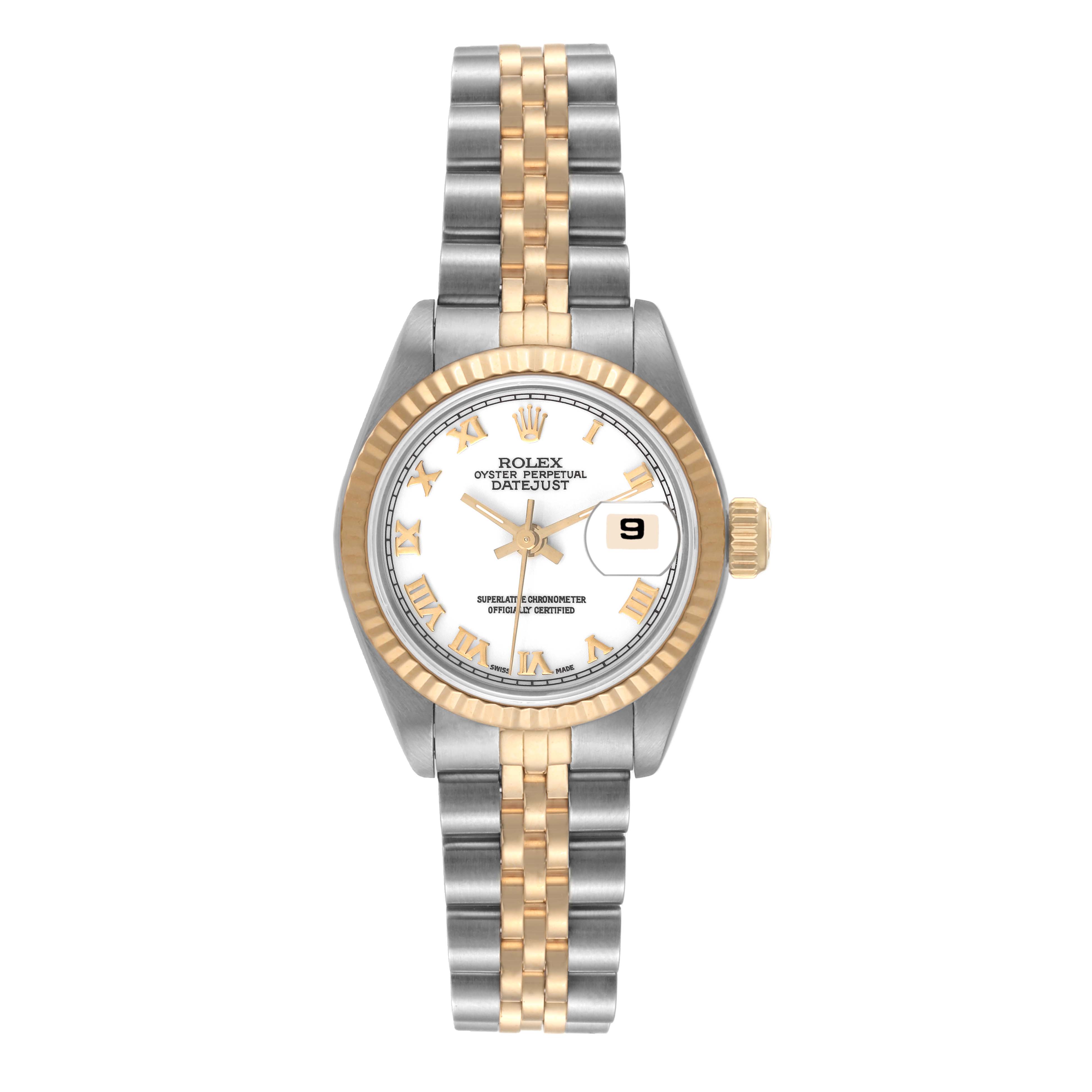 The image shows a full frontal view of the Rolex Datejust 69173 Women's Steel and Gold (two tone) White Dial 69173 Women's Steel and Gold (two tone) White Dial watch, displaying its dial, bezel, and bracelet.