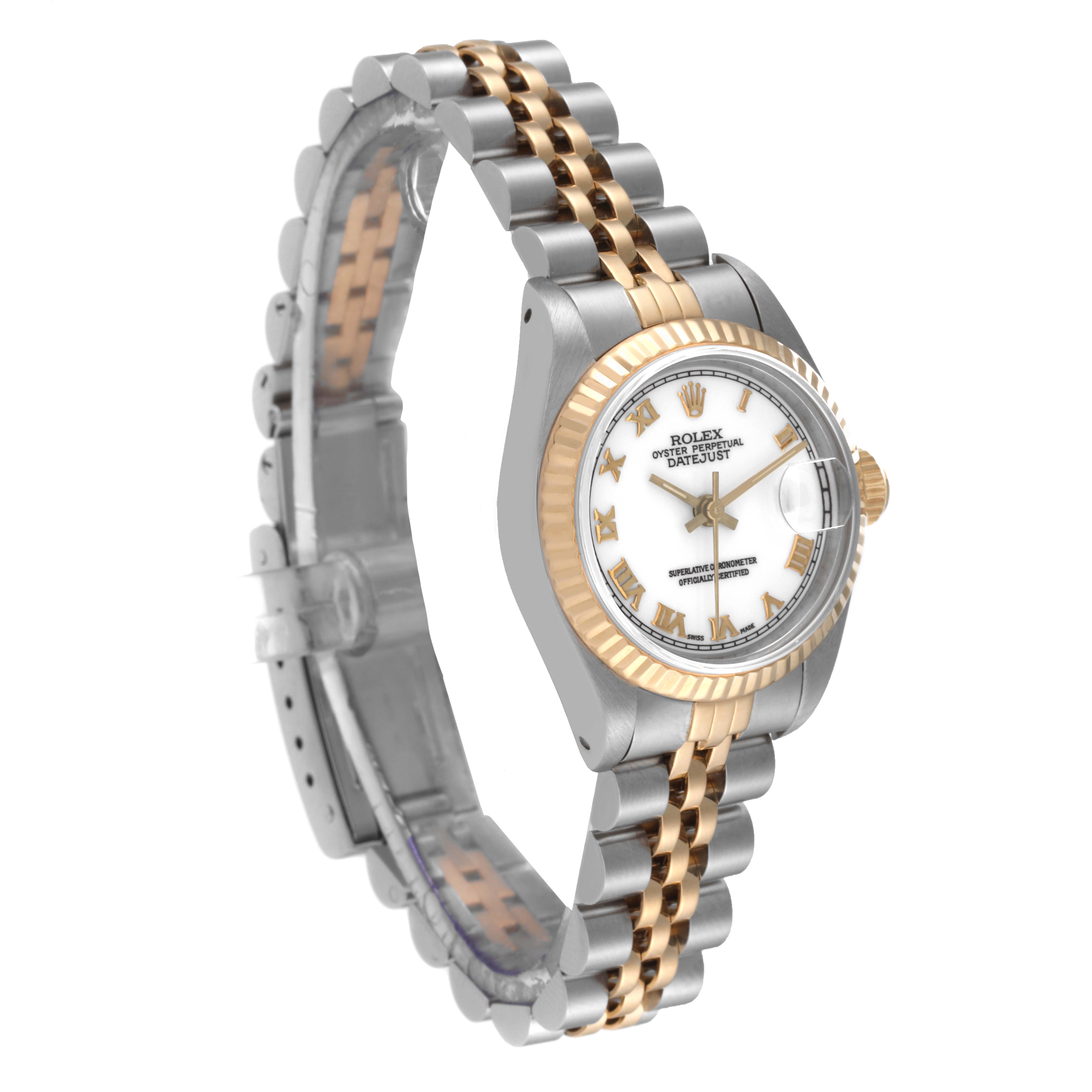 The Rolex Datejust 69173 Women's Steel and Gold (two tone) White Dial 69173 Women's Steel and Gold (two tone) White Dial watch is displayed at a slight angle, showcasing its two-tone bracelet, fluted bezel, and white dial.