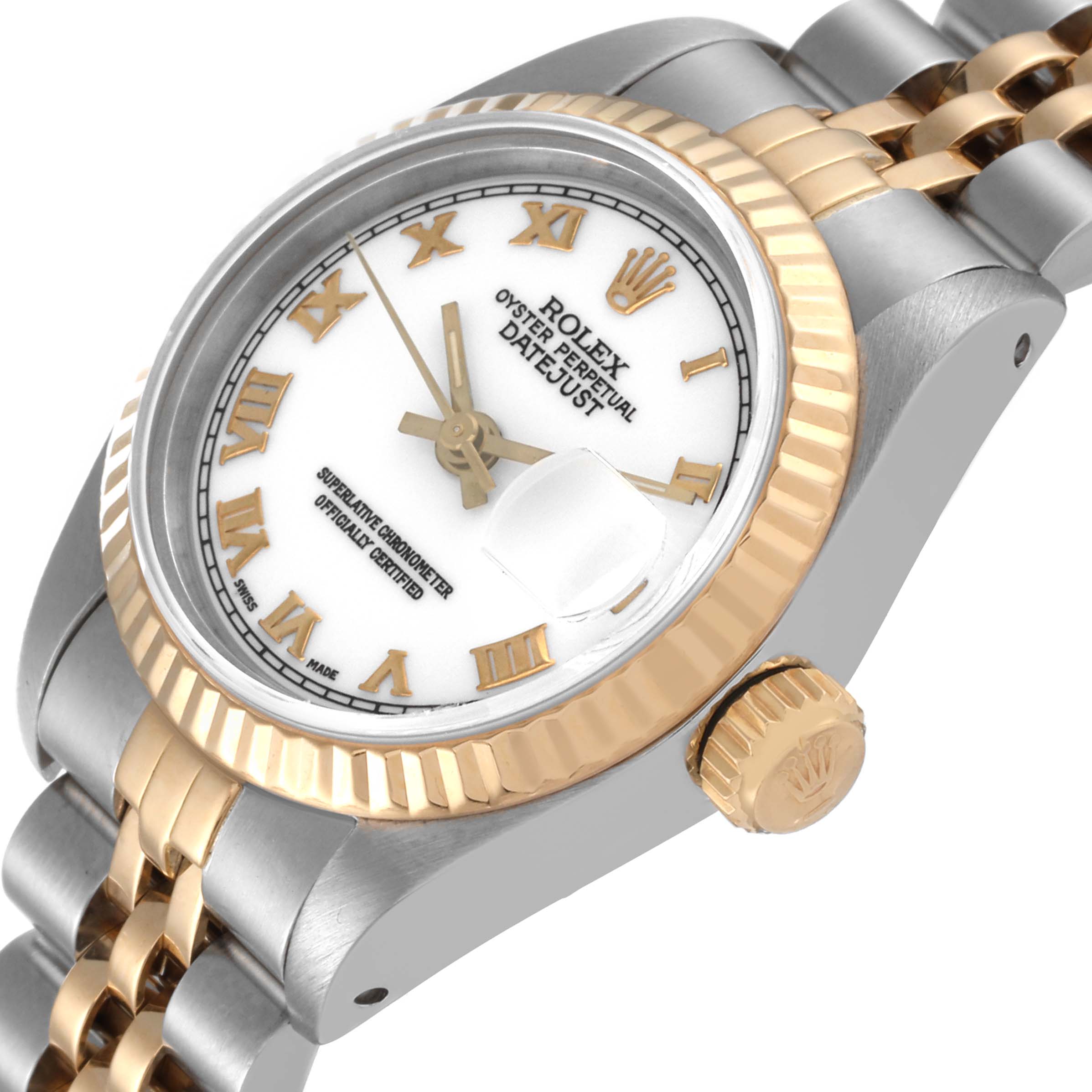 This image shows a Rolex Datejust 69173 Women's Steel and Gold (two tone) White Dial 69173 Women's Steel and Gold (two tone) White Dial watch at an angled profile, highlighting the dial, bezel, crown, and part of the bracelet.